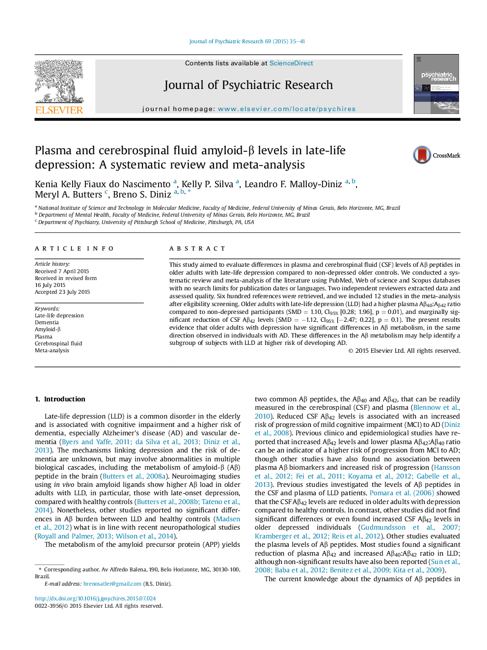 Plasma and cerebrospinal fluid amyloid-Î² levels in late-life depression: A systematic review and meta-analysis