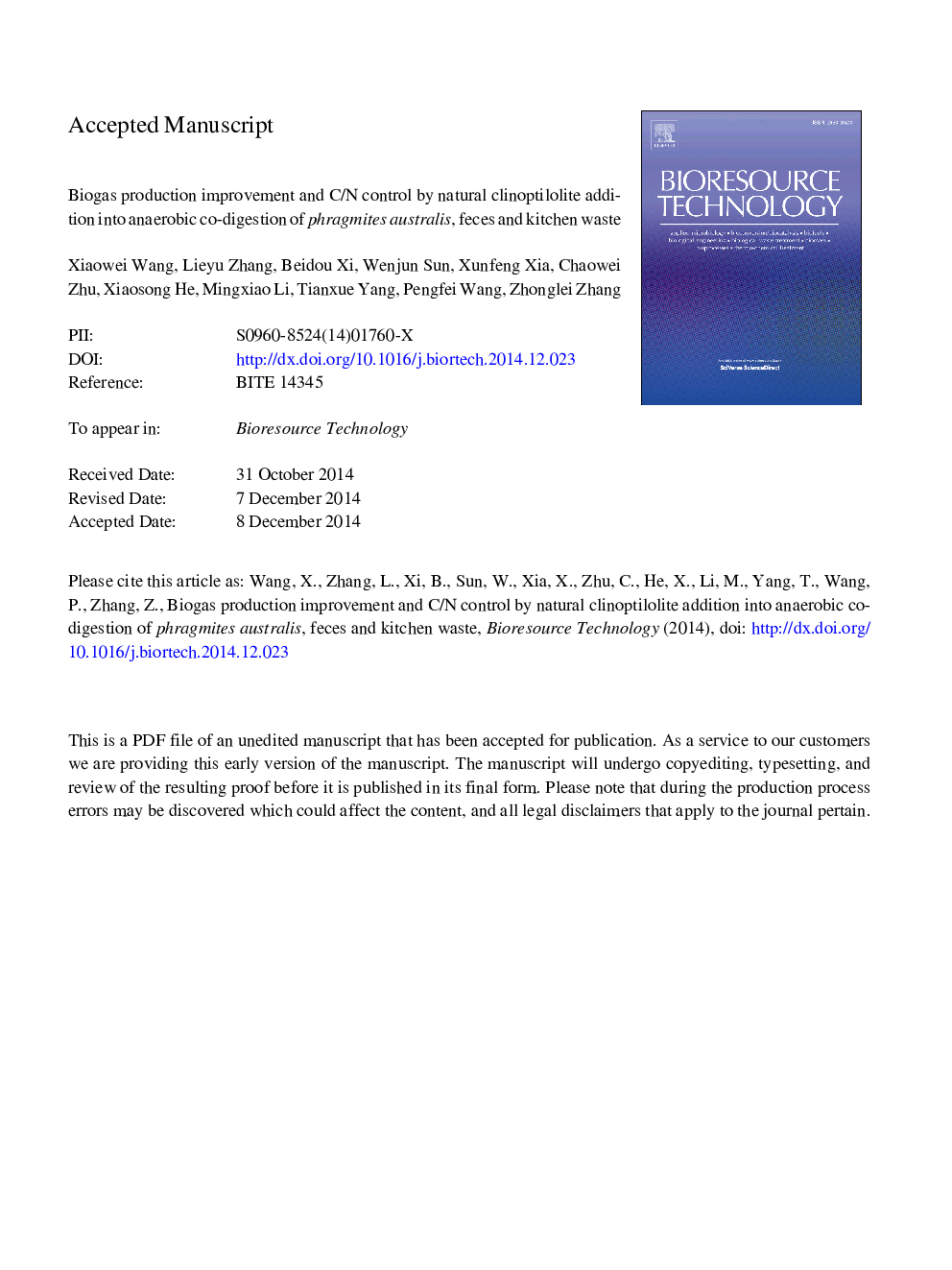 Biogas production improvement and C/N control by natural clinoptilolite addition into anaerobic co-digestion of Phragmites australis, feces and kitchen waste