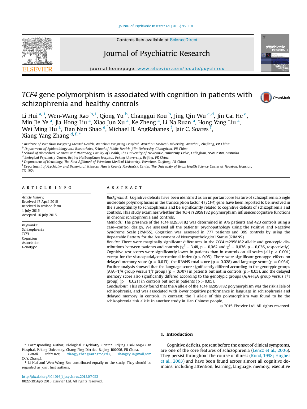 TCF4 gene polymorphism is associated with cognition in patients with schizophrenia and healthy controls