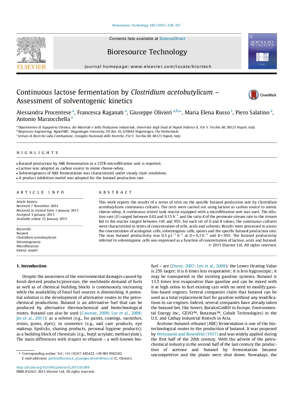 Continuous lactose fermentation by Clostridium acetobutylicum – Assessment of solventogenic kinetics