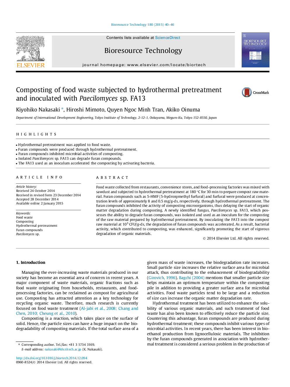 Composting of food waste subjected to hydrothermal pretreatment and inoculated with Paecilomyces sp. FA13