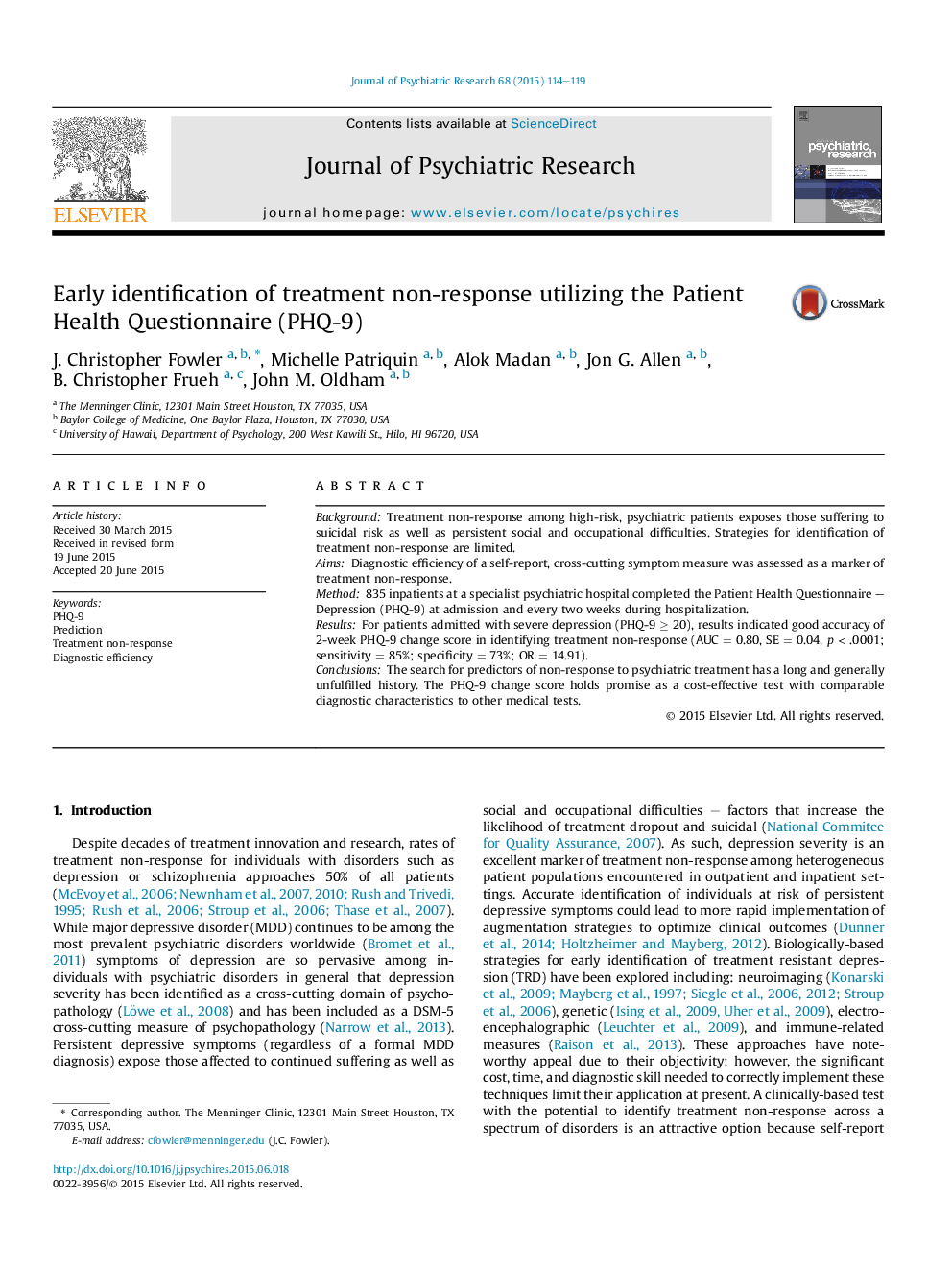 Early identification of treatment non-response utilizing the Patient Health Questionnaire (PHQ-9)