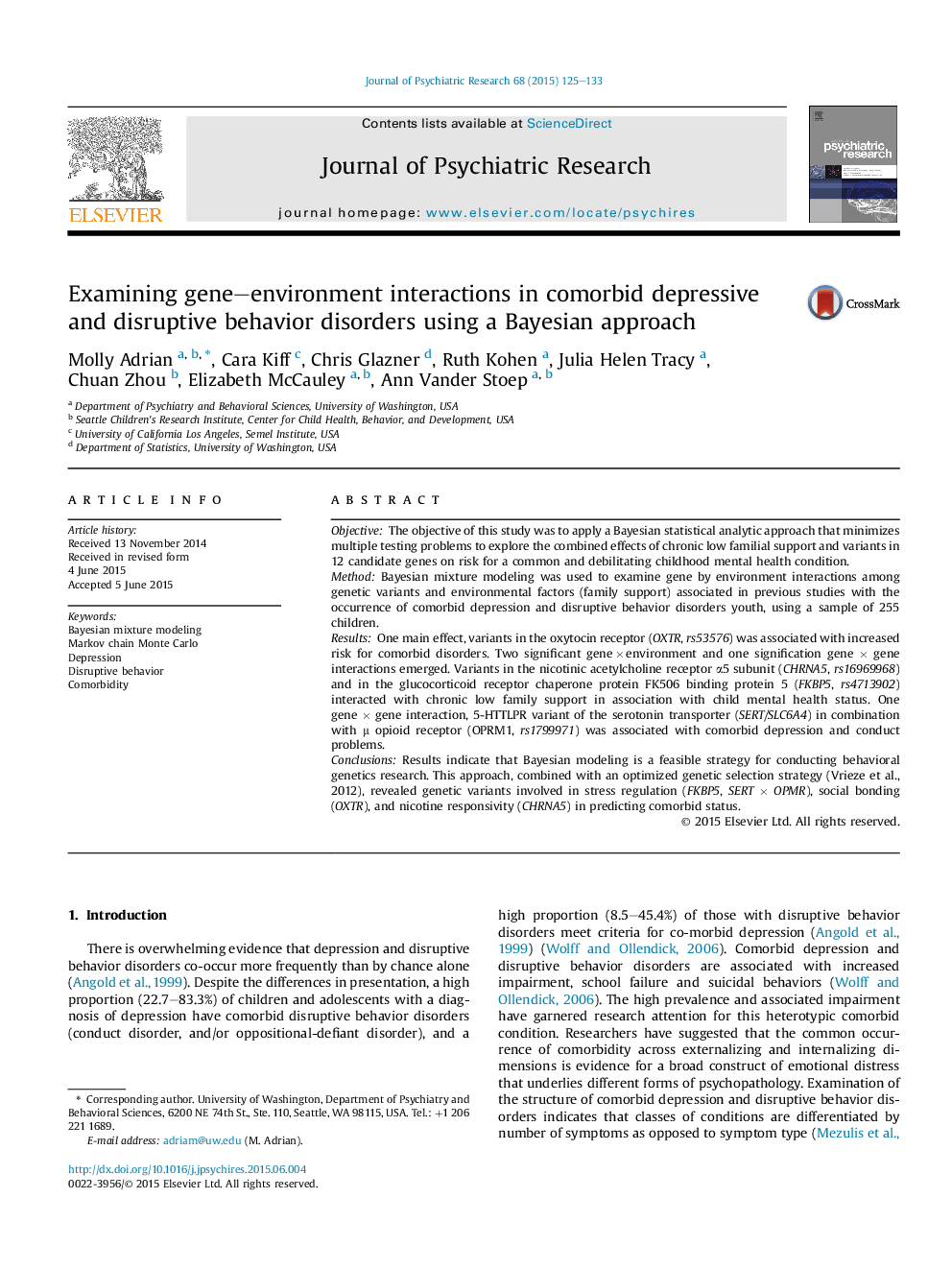 Examining gene-environment interactions in comorbid depressive and disruptive behavior disorders using a Bayesian approach