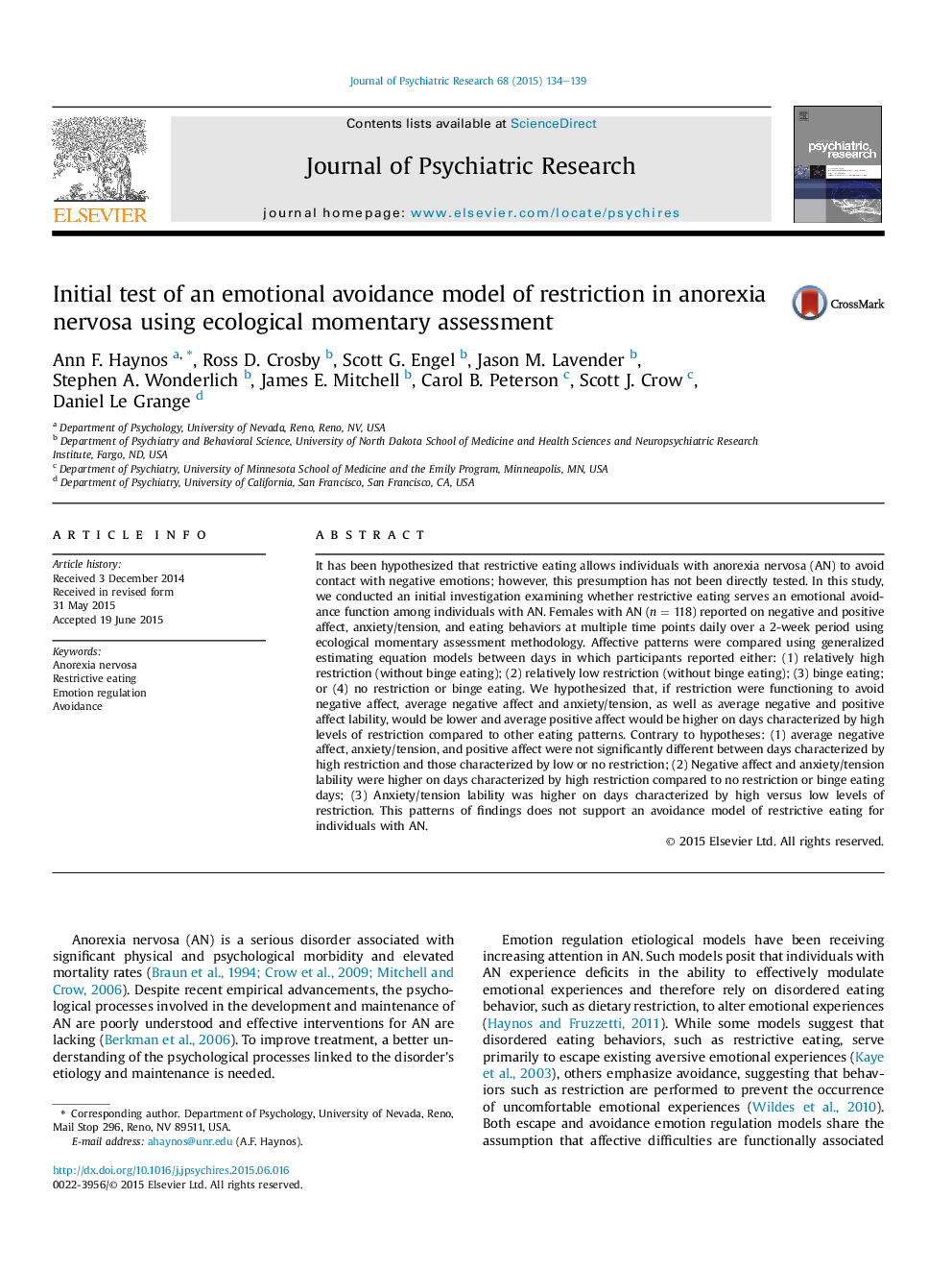 Initial test of an emotional avoidance model of restriction in anorexia nervosa using ecological momentary assessment