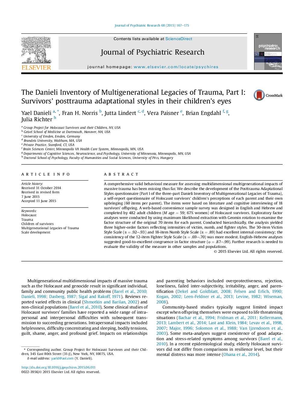 The Danieli Inventory of Multigenerational Legacies of Trauma, Part I: Survivors' posttrauma adaptational styles in their children's eyes