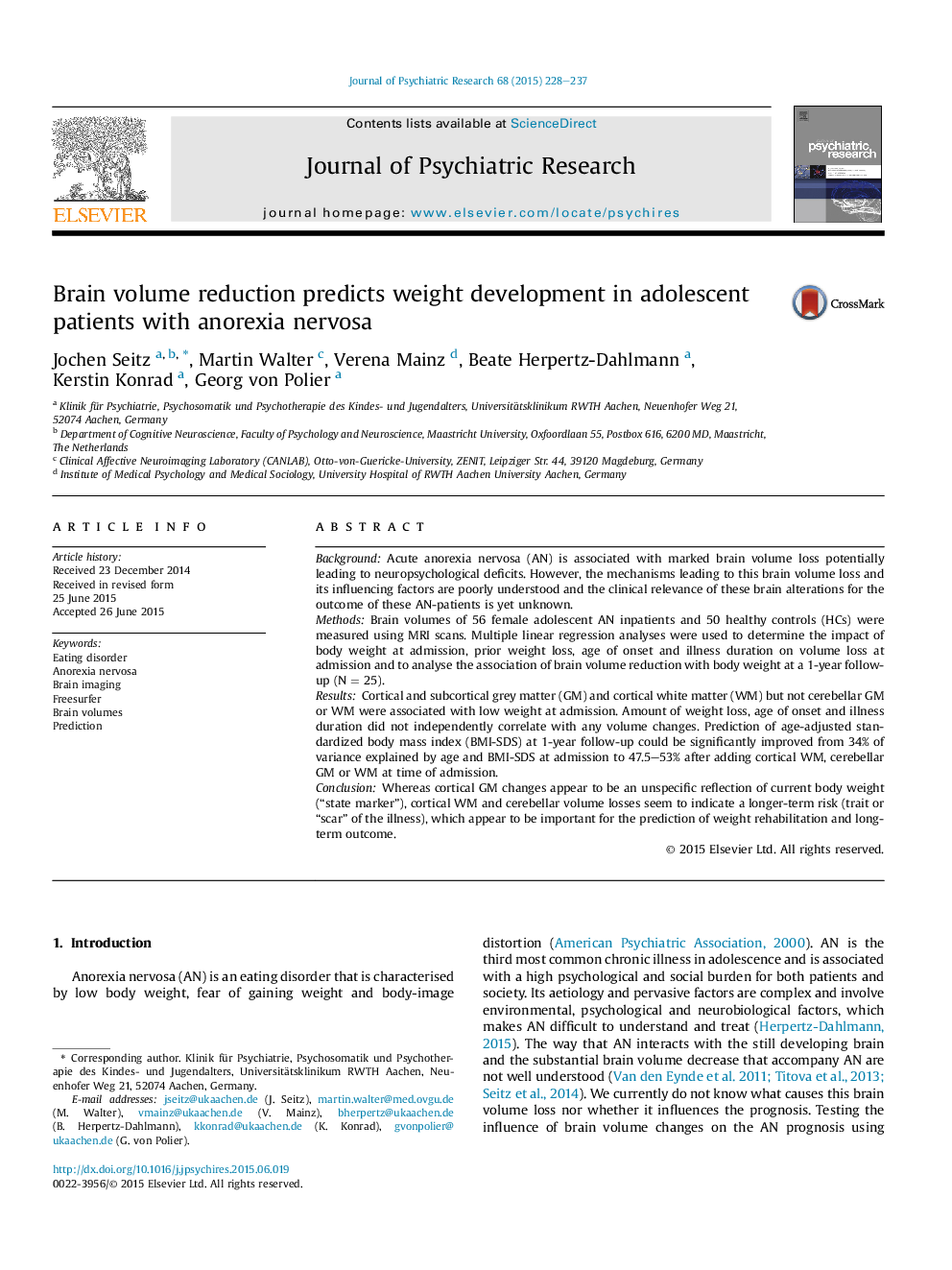 Brain volume reduction predicts weight development in adolescent patients with anorexia nervosa