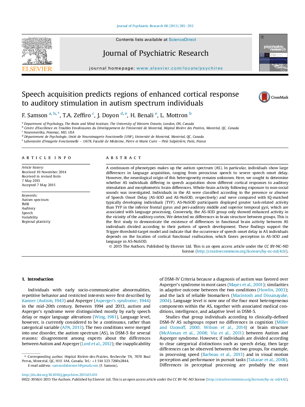 Speech acquisition predicts regions of enhanced cortical response toÂ auditory stimulation in autism spectrum individuals