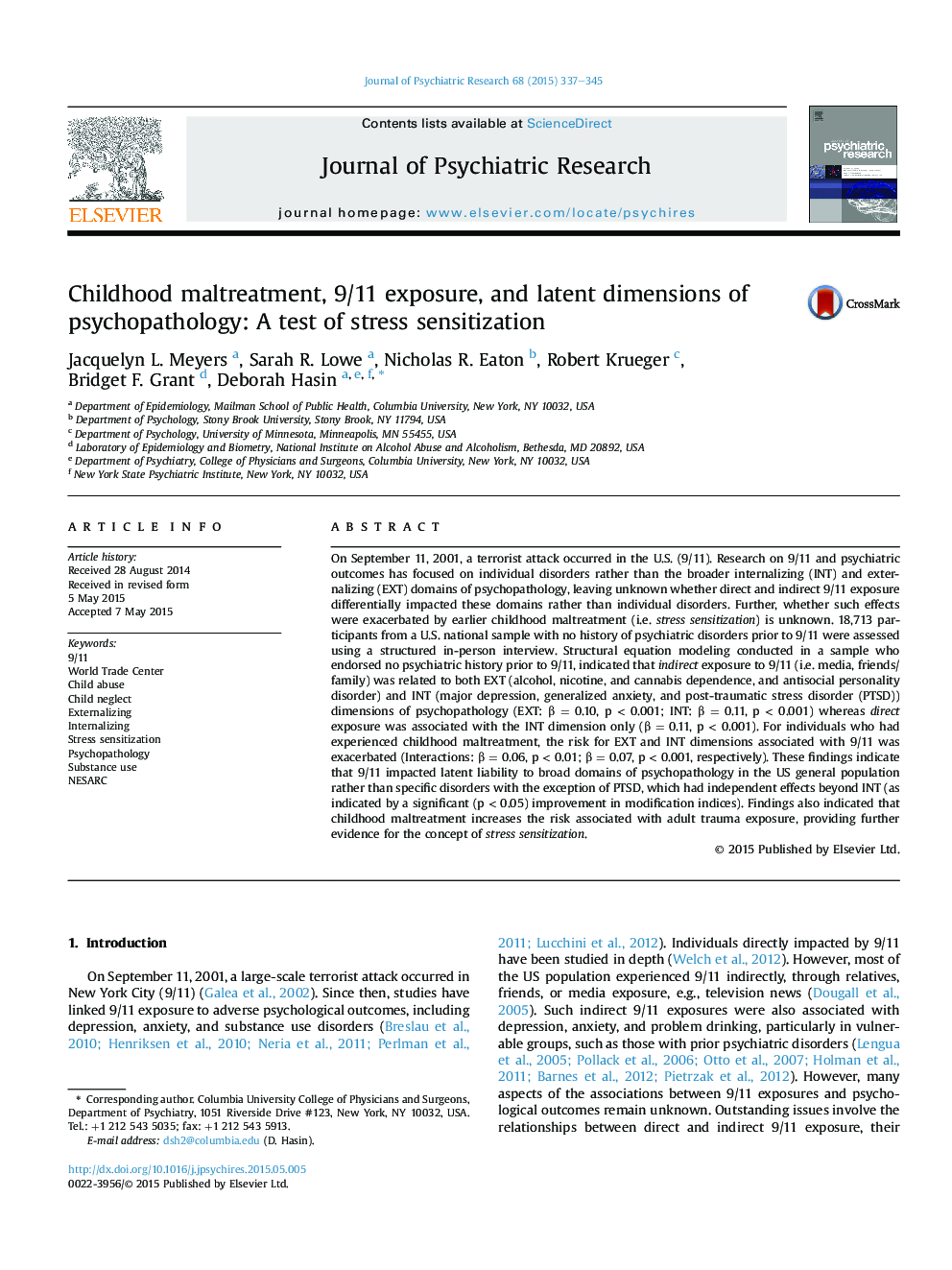 Childhood maltreatment, 9/11 exposure, and latent dimensions of psychopathology: A test of stress sensitization