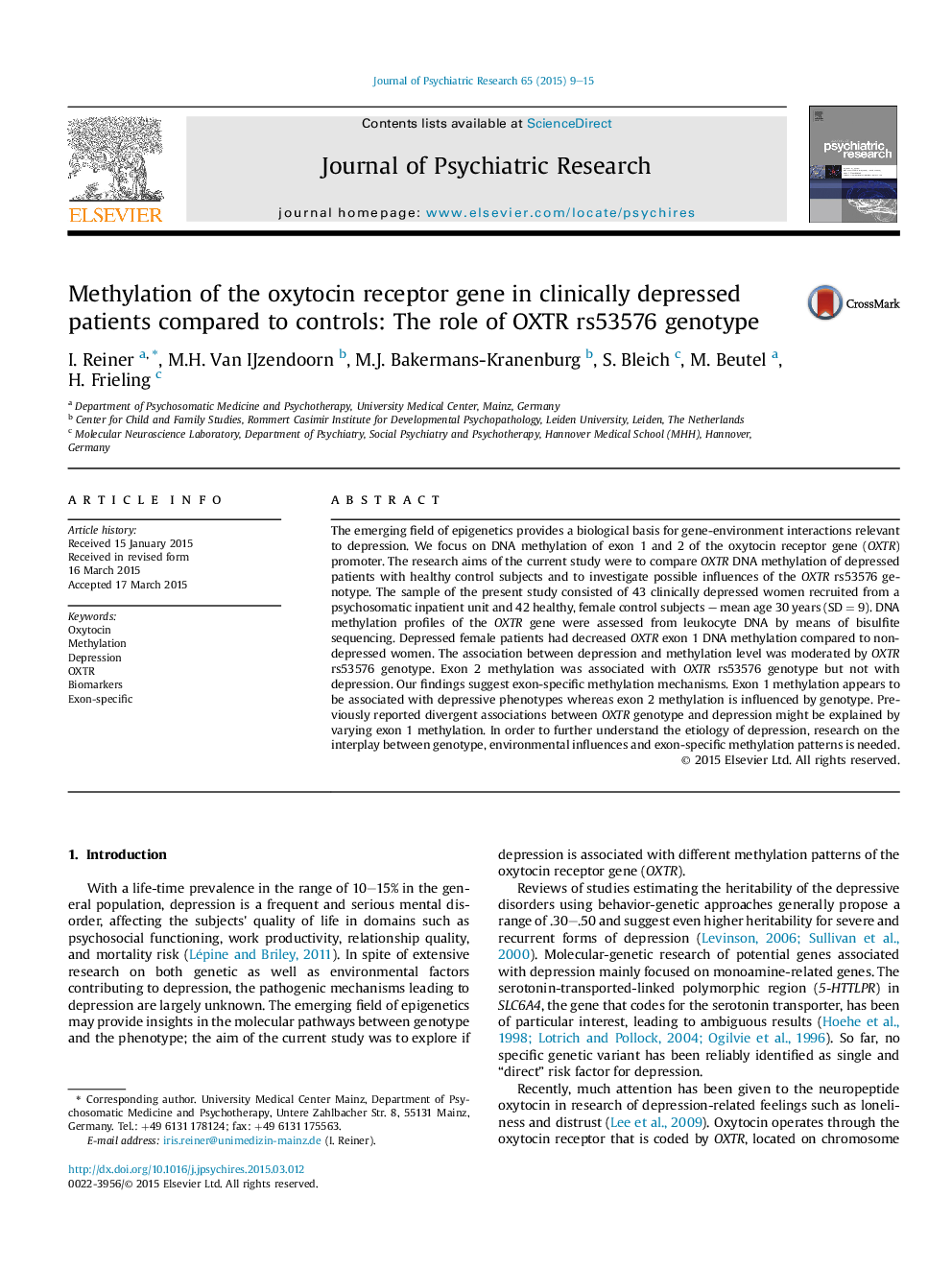 Methylation of the oxytocin receptor gene in clinically depressed patients compared to controls: The role of OXTR rs53576 genotype