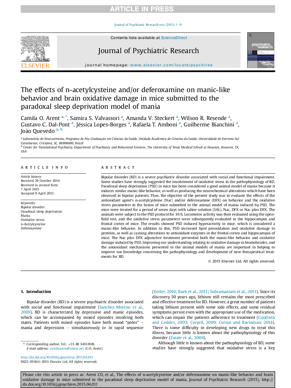 The effects of n-acetylcysteine and/or deferoxamine on manic-like behavior and brain oxidative damage in mice submitted to the paradoxal sleep deprivation model of mania