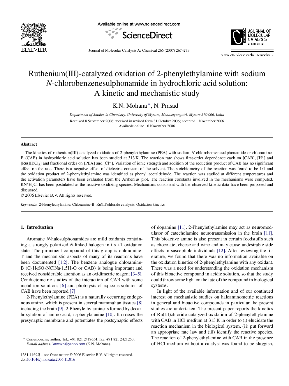 Ruthenium(III)-catalyzed oxidation of 2-phenylethylamine with sodium N-chlorobenzenesulphonamide in hydrochloric acid solution: A kinetic and mechanistic study