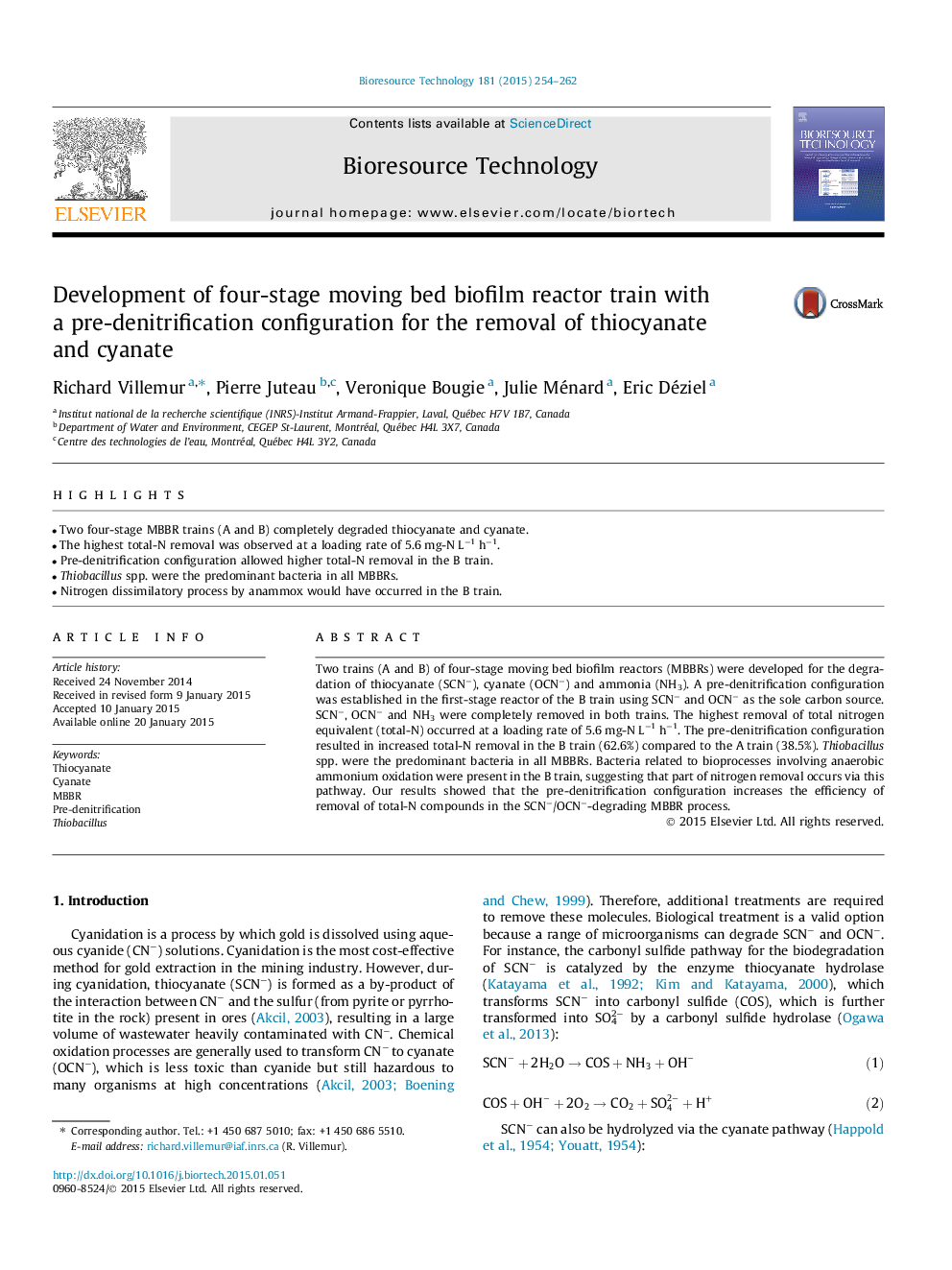 Development of four-stage moving bed biofilm reactor train with a pre-denitrification configuration for the removal of thiocyanate and cyanate