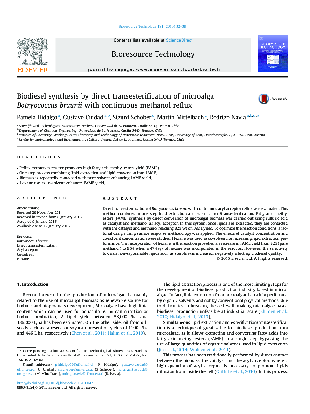 Biodiesel synthesis by direct transesterification of microalga Botryococcus braunii with continuous methanol reflux