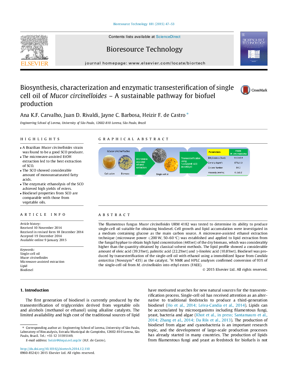 Biosynthesis, characterization and enzymatic transesterification of single cell oil of Mucor circinelloides – A sustainable pathway for biofuel production