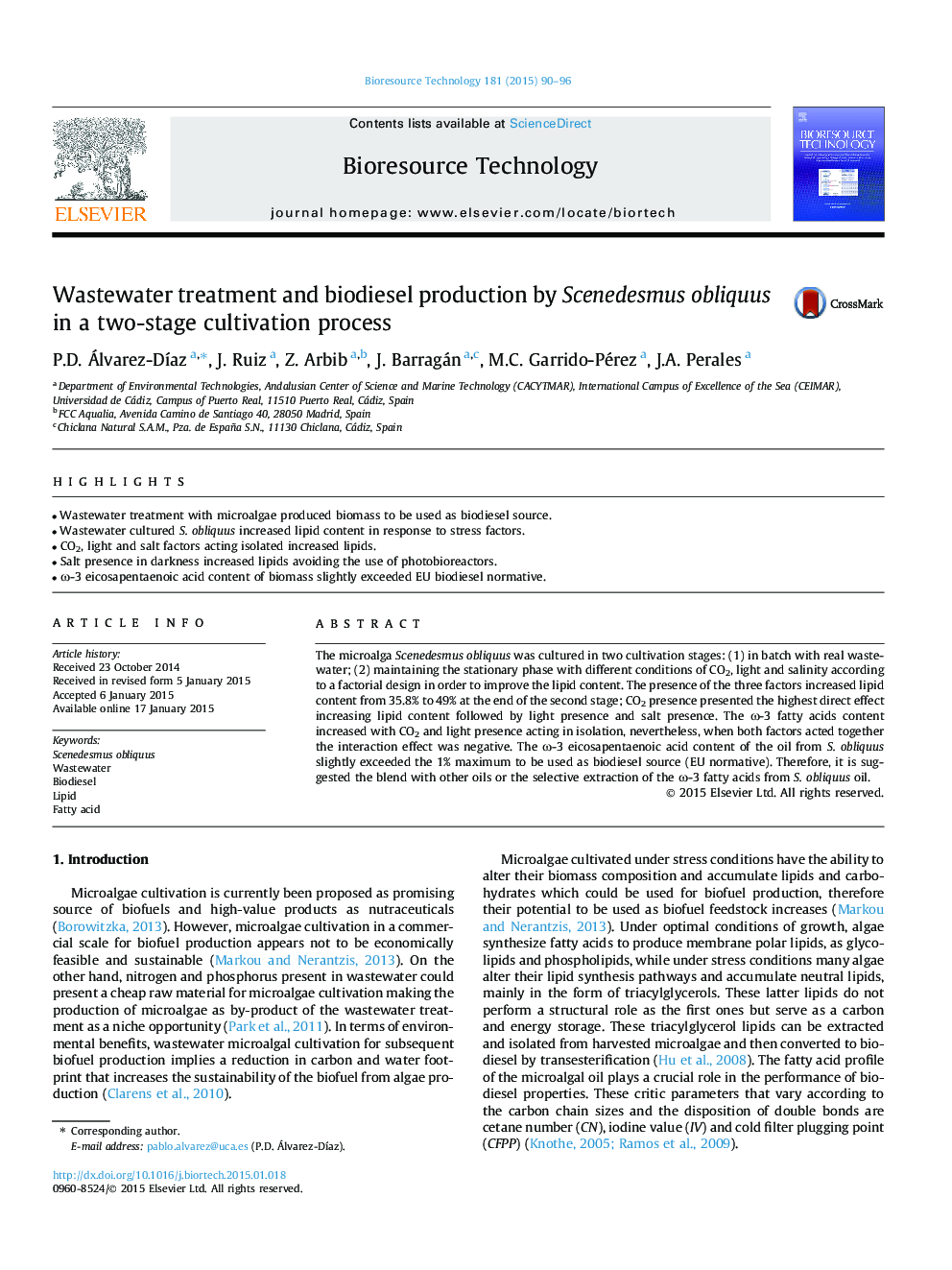 Wastewater treatment and biodiesel production by Scenedesmus obliquus in a two-stage cultivation process