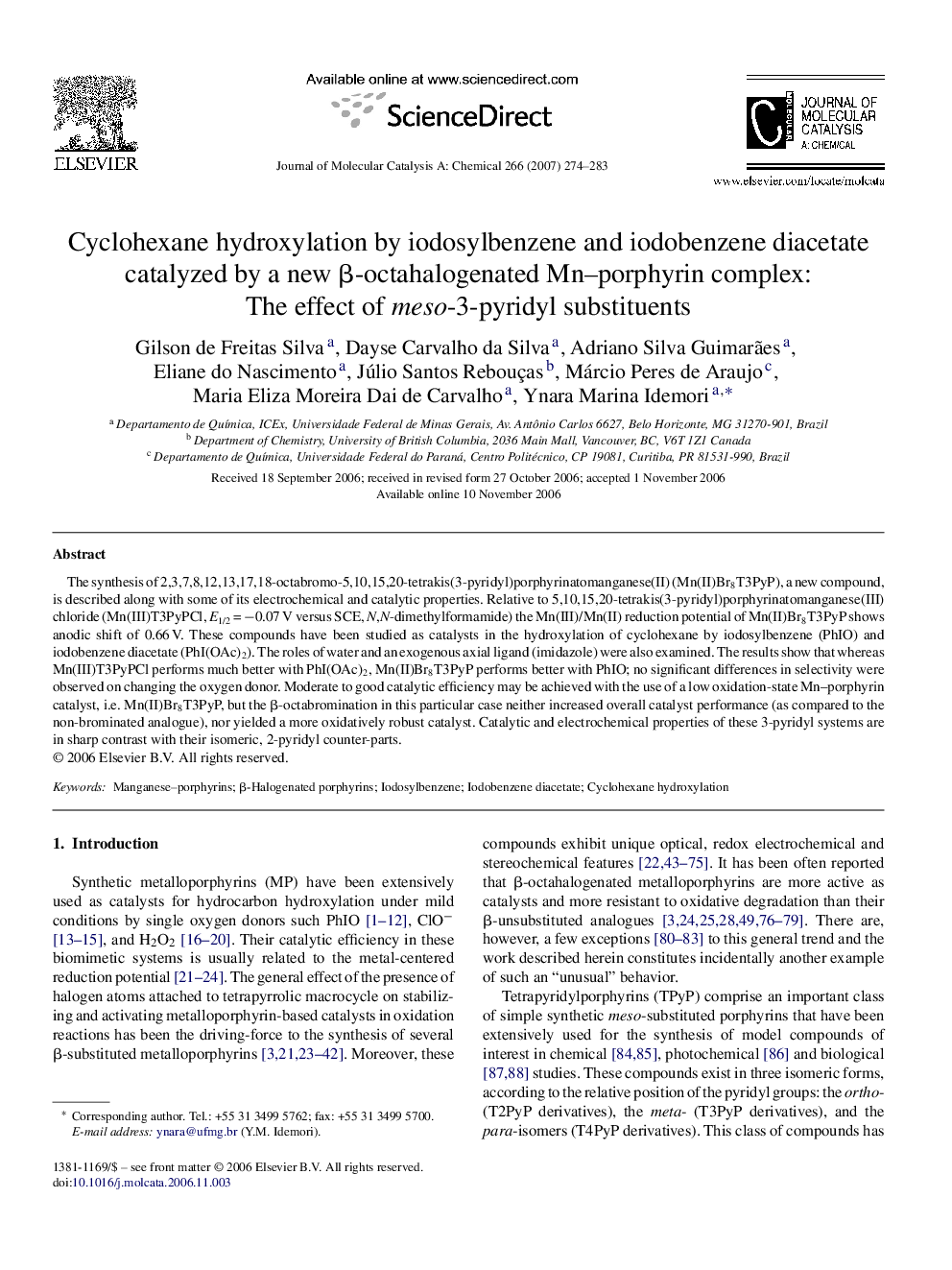 Cyclohexane hydroxylation by iodosylbenzene and iodobenzene diacetate catalyzed by a new β-octahalogenated Mn–porphyrin complex: The effect of meso-3-pyridyl substituents