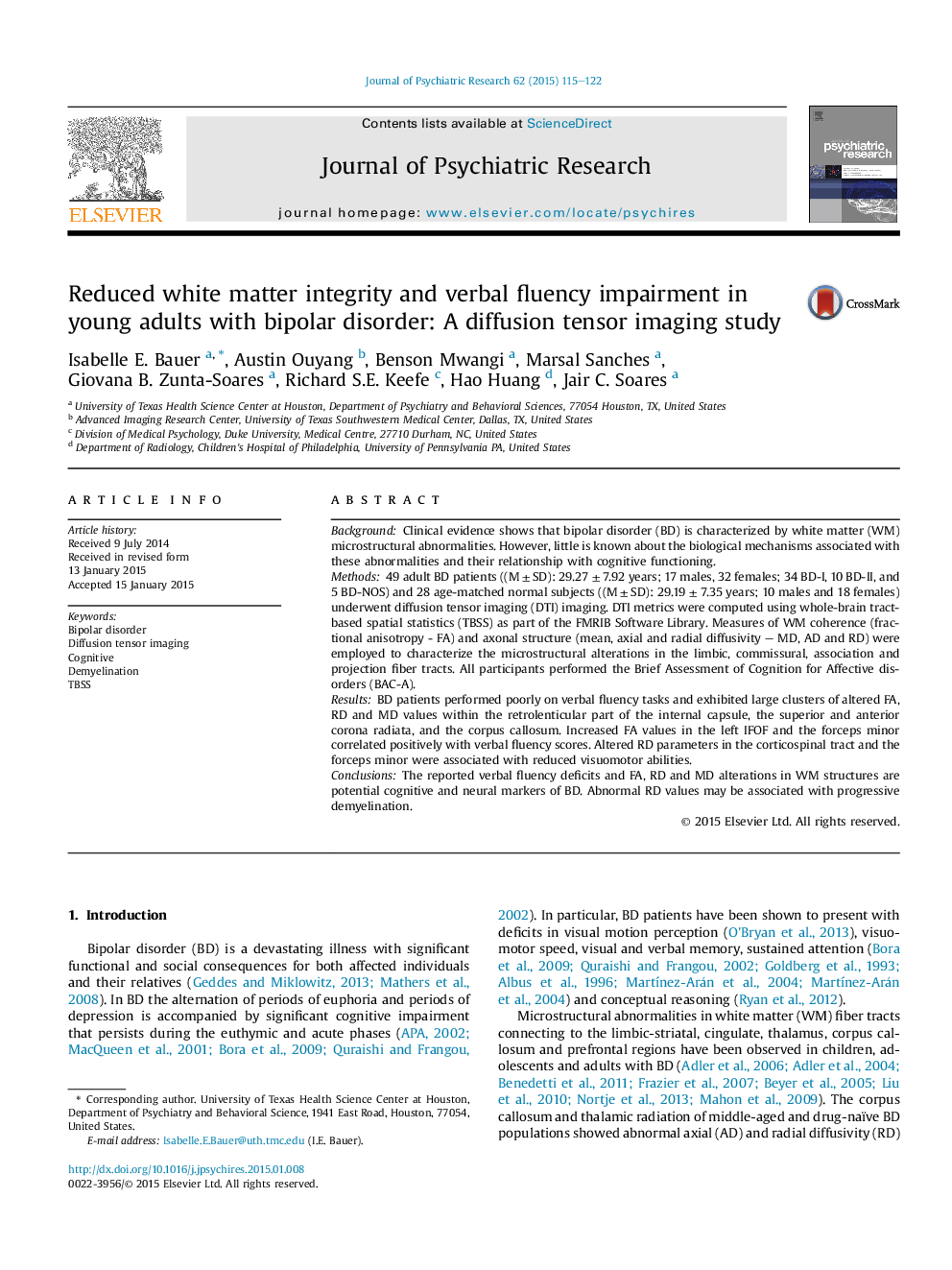 Reduced white matter integrity and verbal fluency impairment in young adults with bipolar disorder: A diffusion tensor imaging study