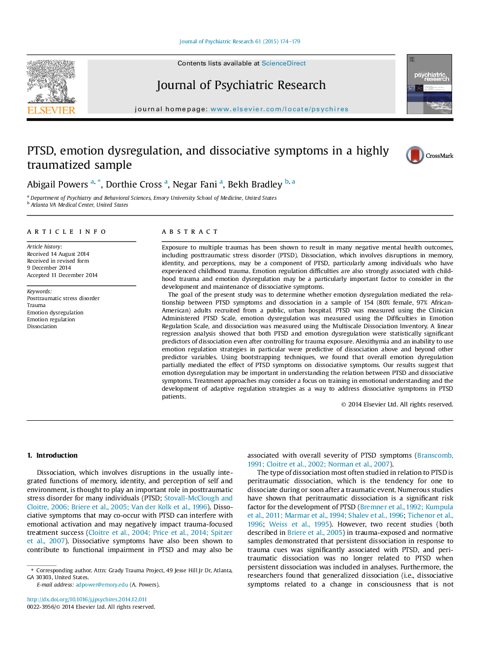 PTSD, emotion dysregulation, and dissociative symptoms in a highly traumatized sample