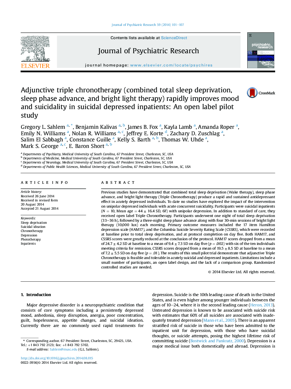 Adjunctive triple chronotherapy (combined total sleep deprivation, sleep phase advance, and bright light therapy) rapidly improves mood and suicidality in suicidal depressed inpatients: An open label pilot study