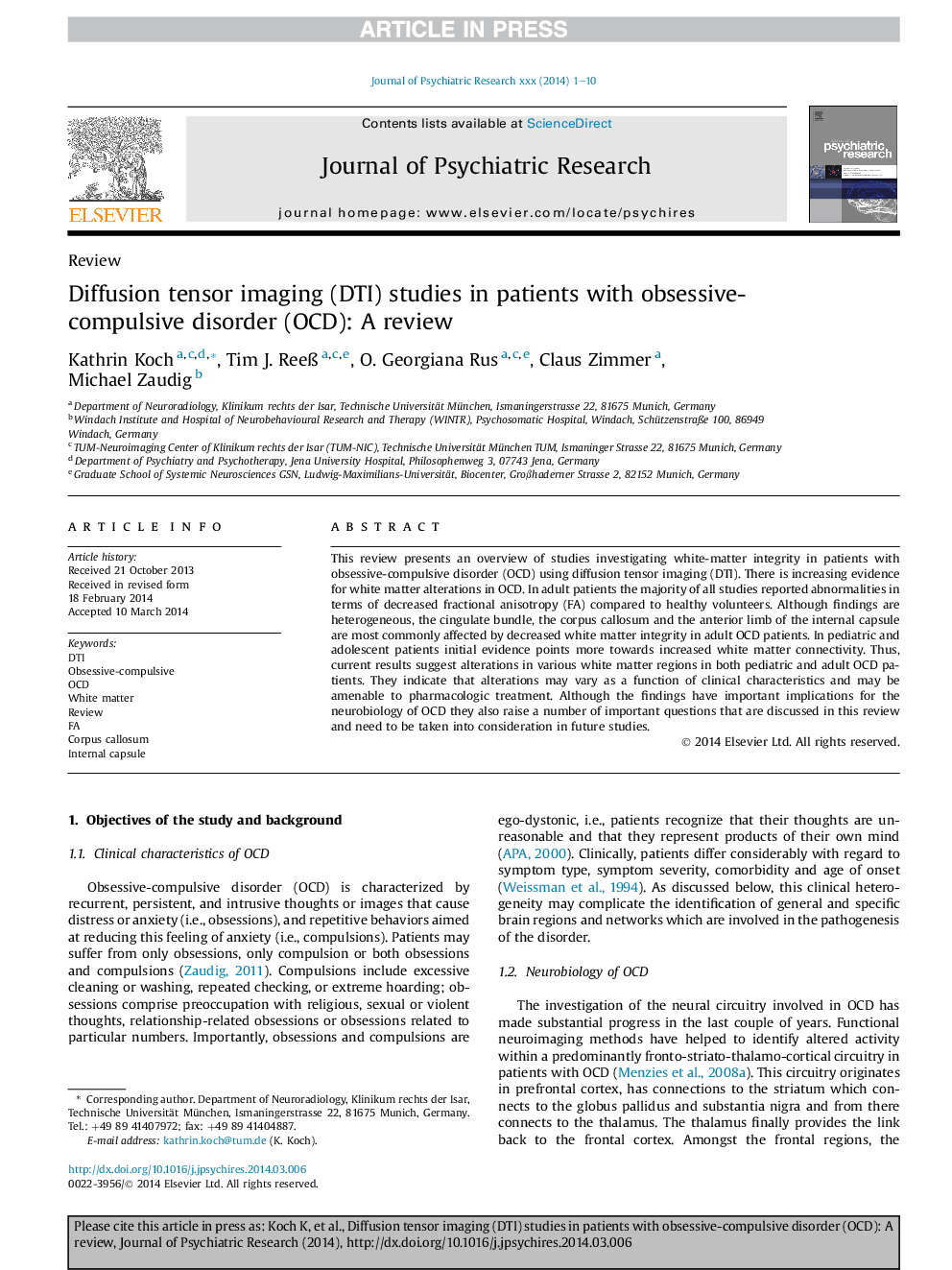 Diffusion tensor imaging (DTI) studies in patients with obsessive-compulsive disorder (OCD): A review