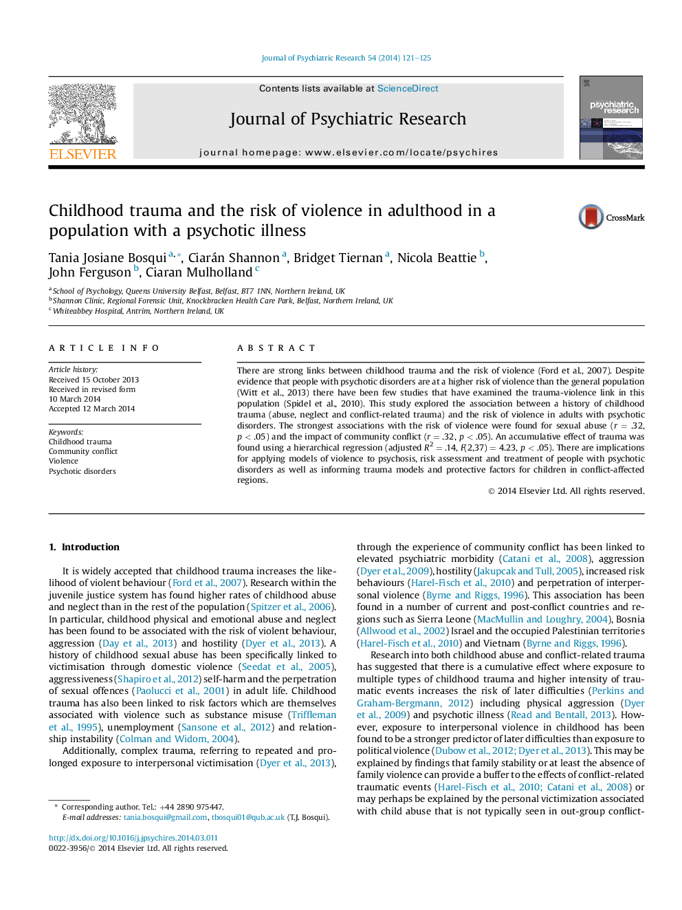 Childhood trauma and the risk of violence in adulthood in a population with a psychotic illness