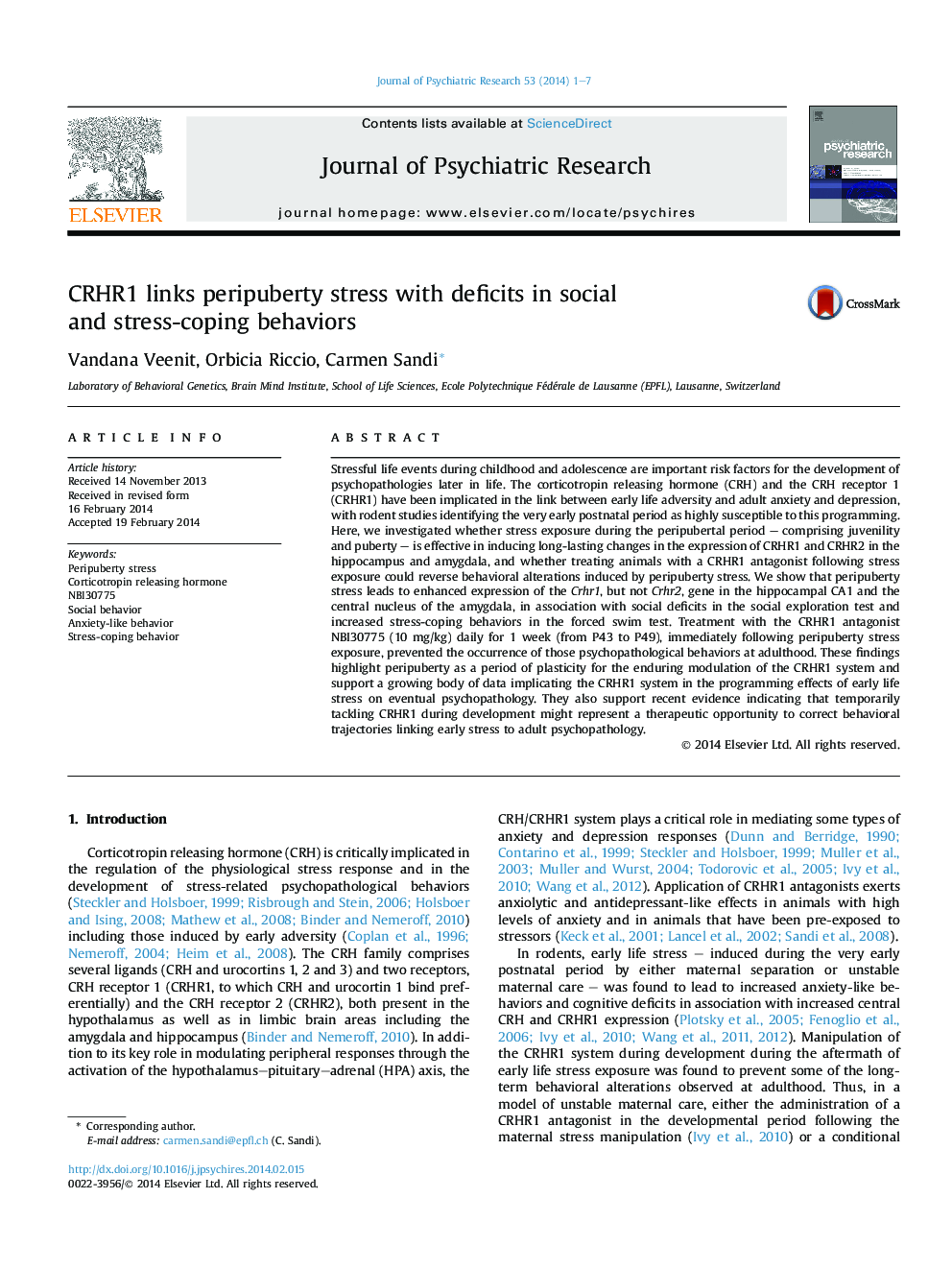 CRHR1 links peripuberty stress with deficits in social and stress-coping behaviors