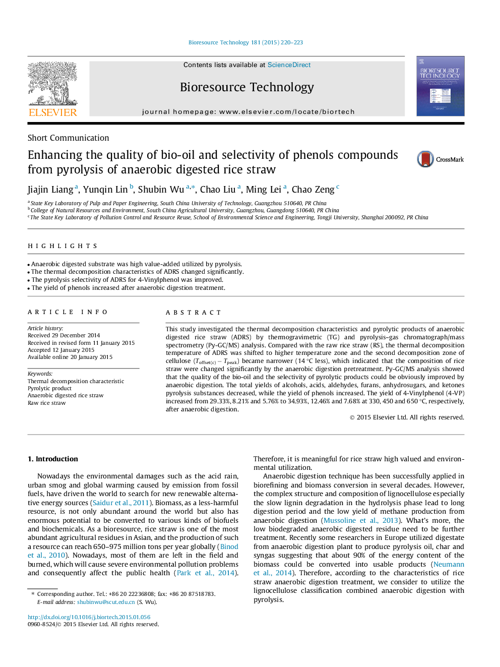 Enhancing the quality of bio-oil and selectivity of phenols compounds from pyrolysis of anaerobic digested rice straw