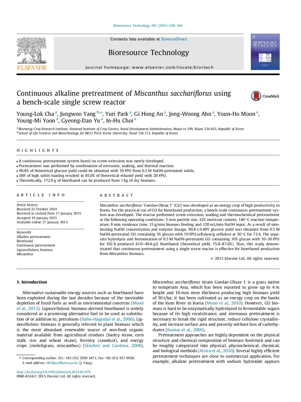 Continuous alkaline pretreatment of Miscanthus sacchariflorus using a bench-scale single screw reactor