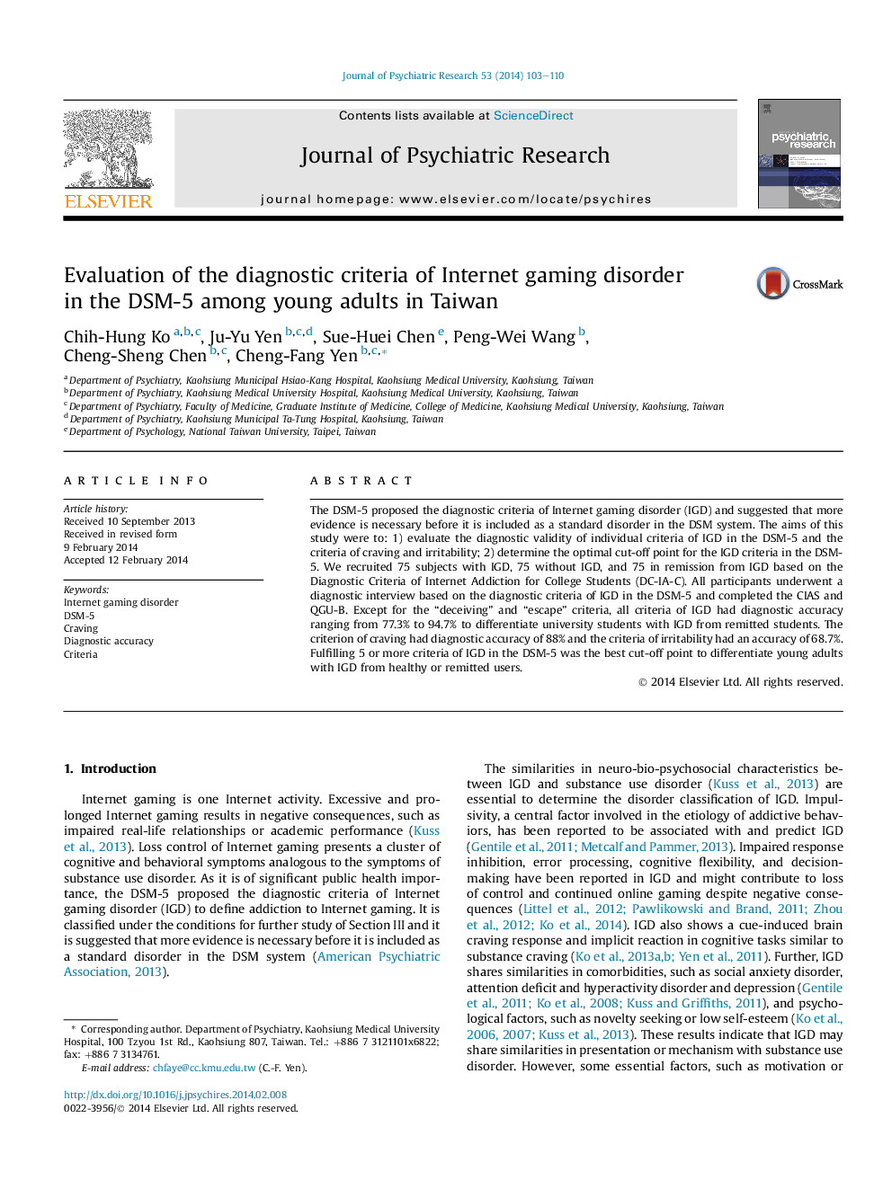 Evaluation of the diagnostic criteria of Internet gaming disorder in the DSM-5 among young adults in Taiwan