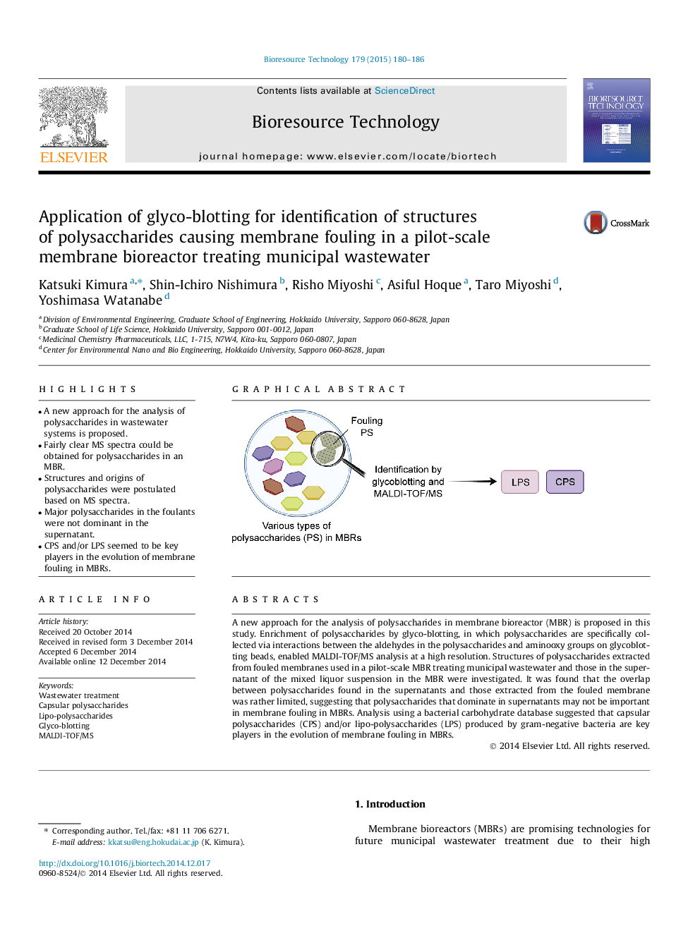 Application of glyco-blotting for identification of structures of polysaccharides causing membrane fouling in a pilot-scale membrane bioreactor treating municipal wastewater