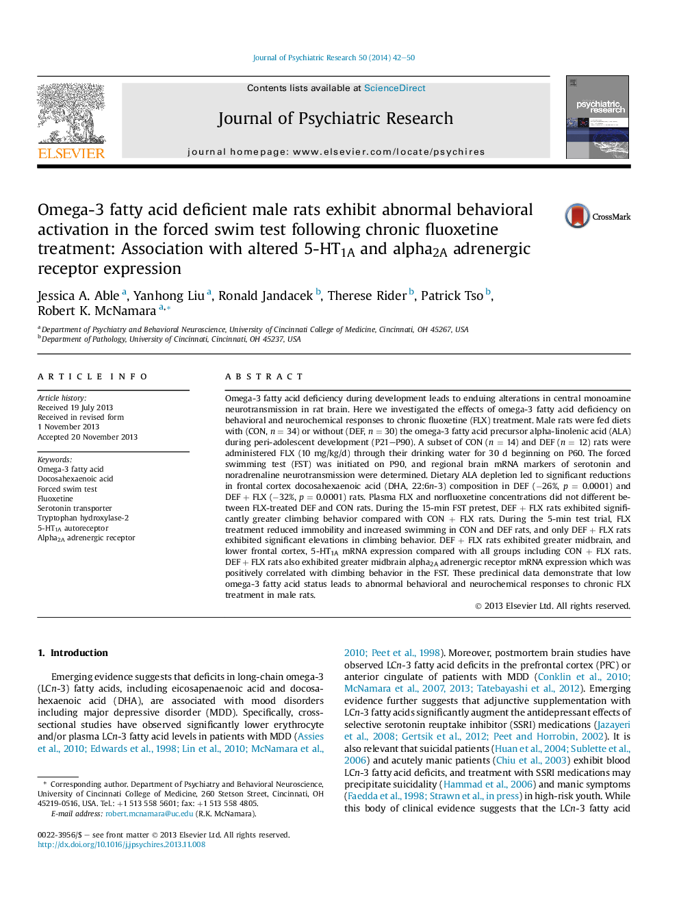 Omega-3 fatty acid deficient male rats exhibit abnormal behavioral activation in the forced swim test following chronic fluoxetine treatment: Association with altered 5-HT1A and alpha2A adrenergic receptor expression