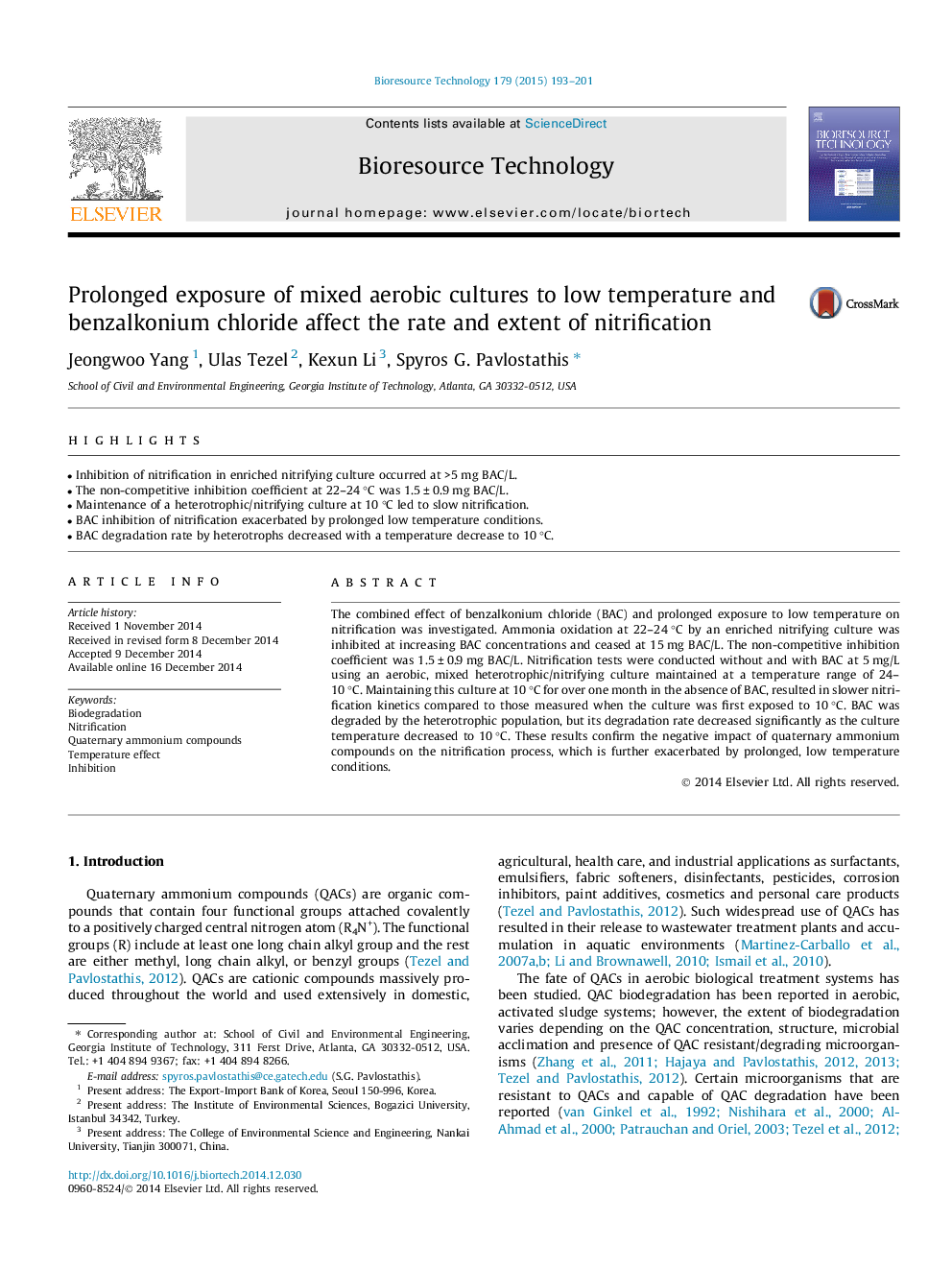 Prolonged exposure of mixed aerobic cultures to low temperature and benzalkonium chloride affect the rate and extent of nitrification