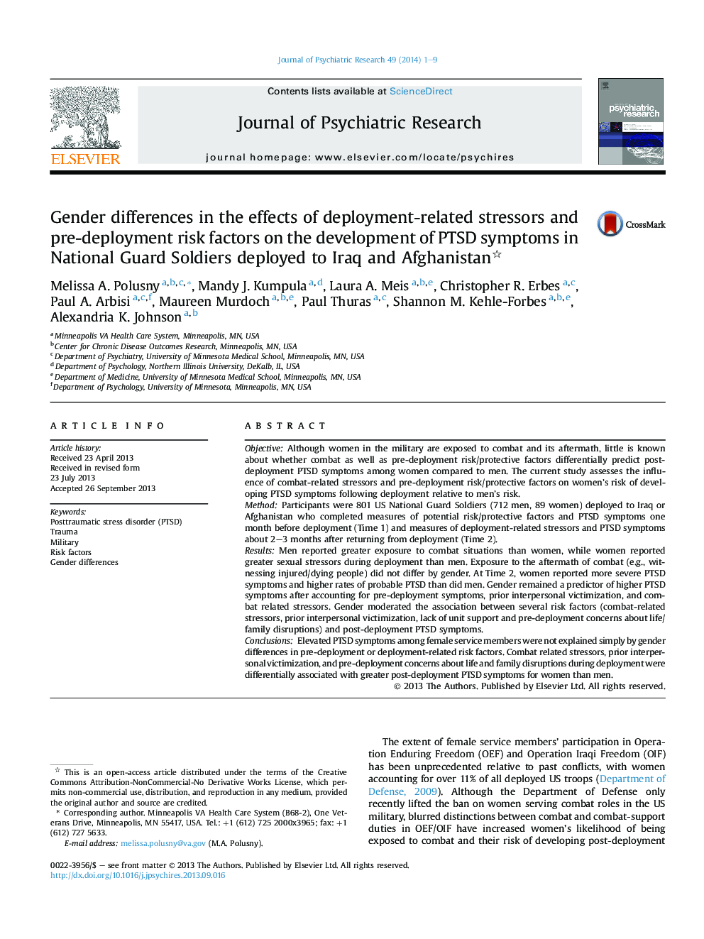 Gender differences in the effects of deployment-related stressors and pre-deployment risk factors on the development of PTSD symptoms in National Guard Soldiers deployed to Iraq and Afghanistan
