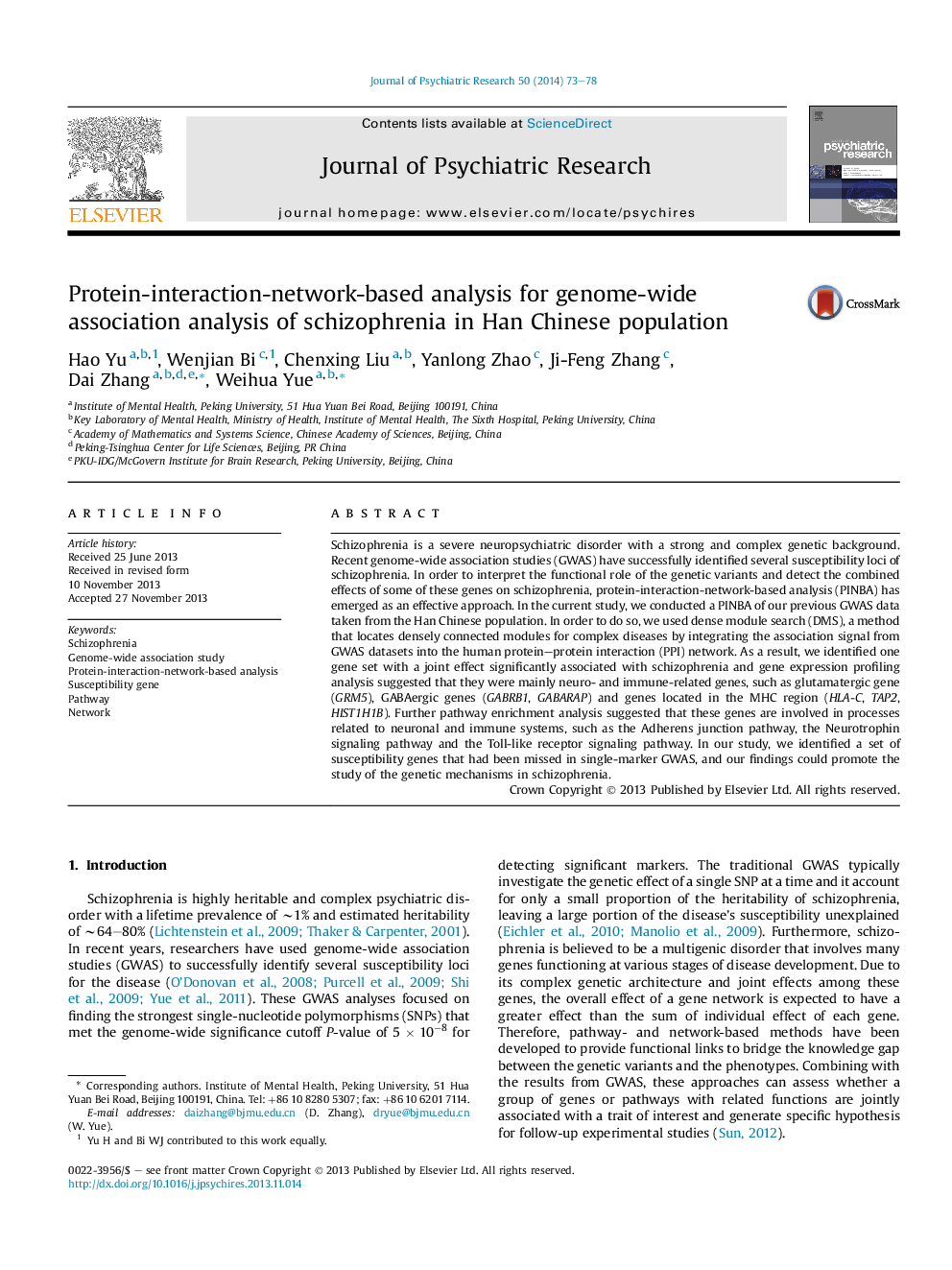 Protein-interaction-network-based analysis for genome-wide association analysis of schizophrenia in Han Chinese population