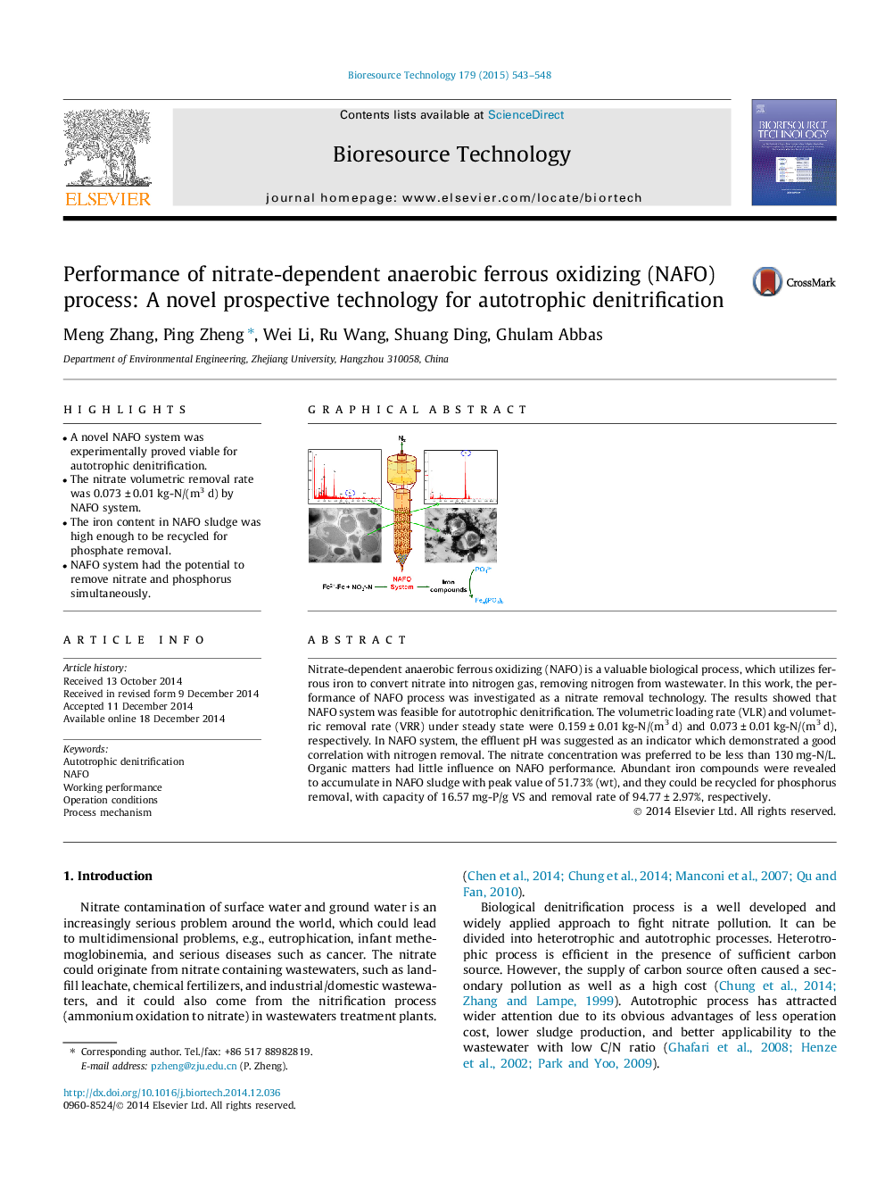 Performance of nitrate-dependent anaerobic ferrous oxidizing (NAFO) process: A novel prospective technology for autotrophic denitrification