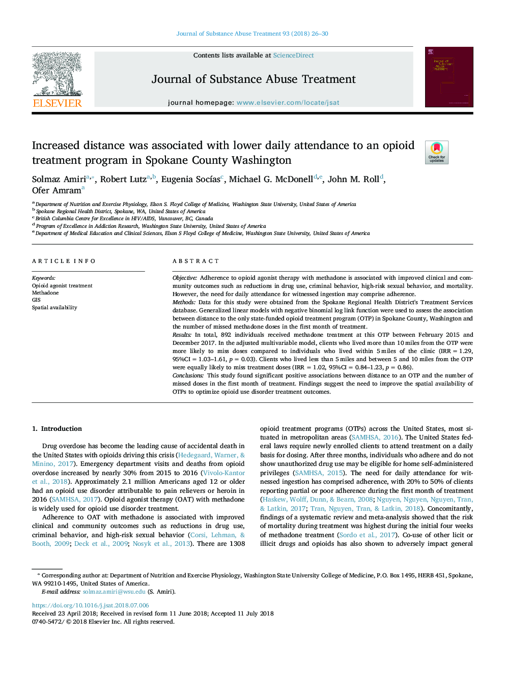 Increased distance was associated with lower daily attendance to an opioid treatment program in Spokane County Washington