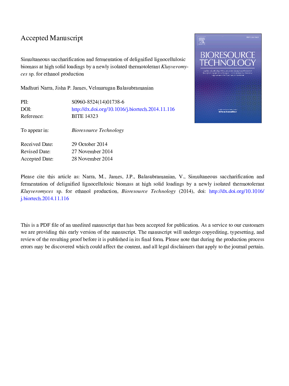 Simultaneous saccharification and fermentation of delignified lignocellulosic biomass at high solid loadings by a newly isolated thermotolerant Kluyveromyces sp. for ethanol production