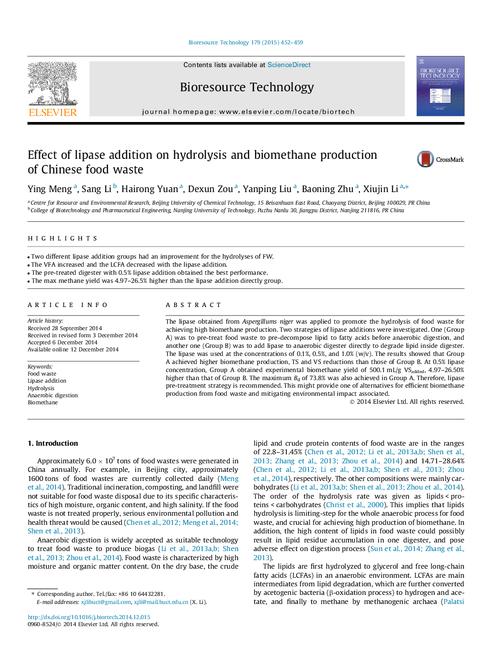 Effect of lipase addition on hydrolysis and biomethane production of Chinese food waste