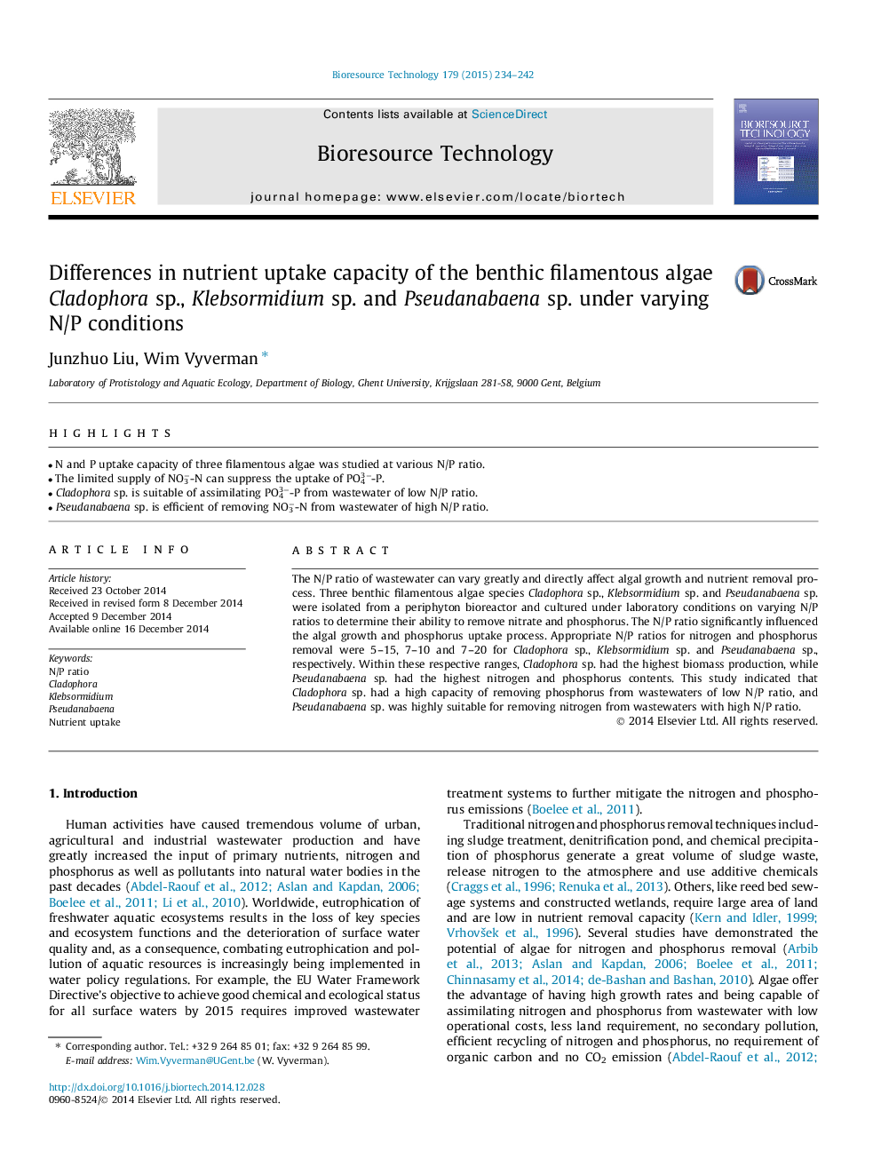 Differences in nutrient uptake capacity of the benthic filamentous algae Cladophora sp., Klebsormidium sp. and Pseudanabaena sp. under varying N/P conditions