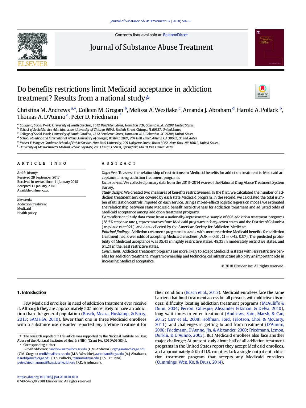 Do benefits restrictions limit Medicaid acceptance in addiction treatment? Results from a national study