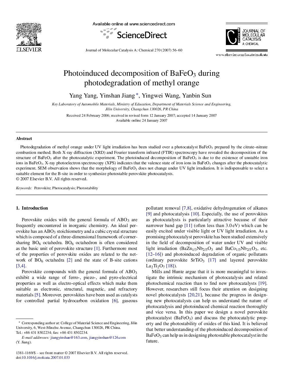 Photoinduced decomposition of BaFeO3 during photodegradation of methyl orange