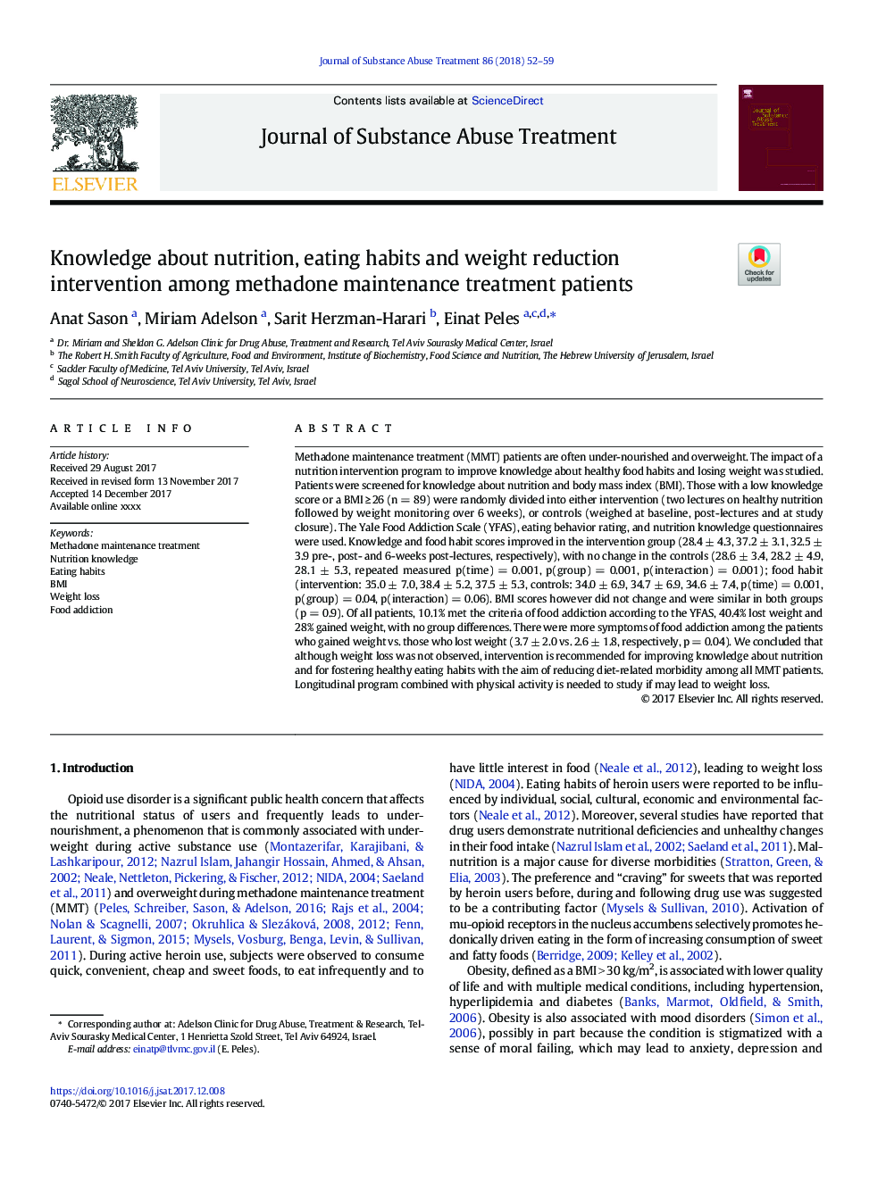 Knowledge about nutrition, eating habits and weight reduction intervention among methadone maintenance treatment patients