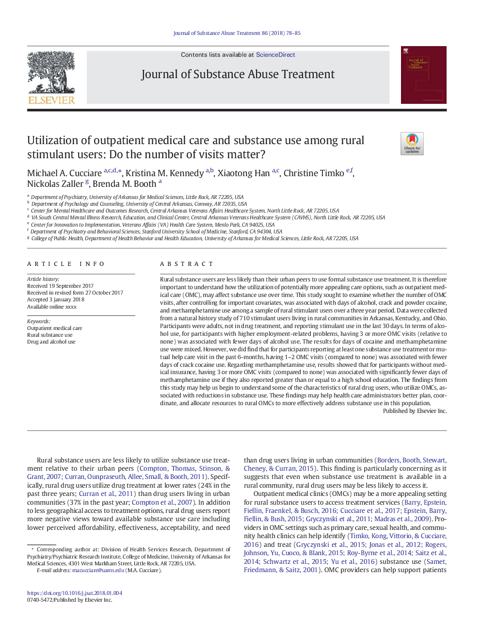 Utilization of outpatient medical care and substance use among rural stimulant users: Do the number of visits matter?