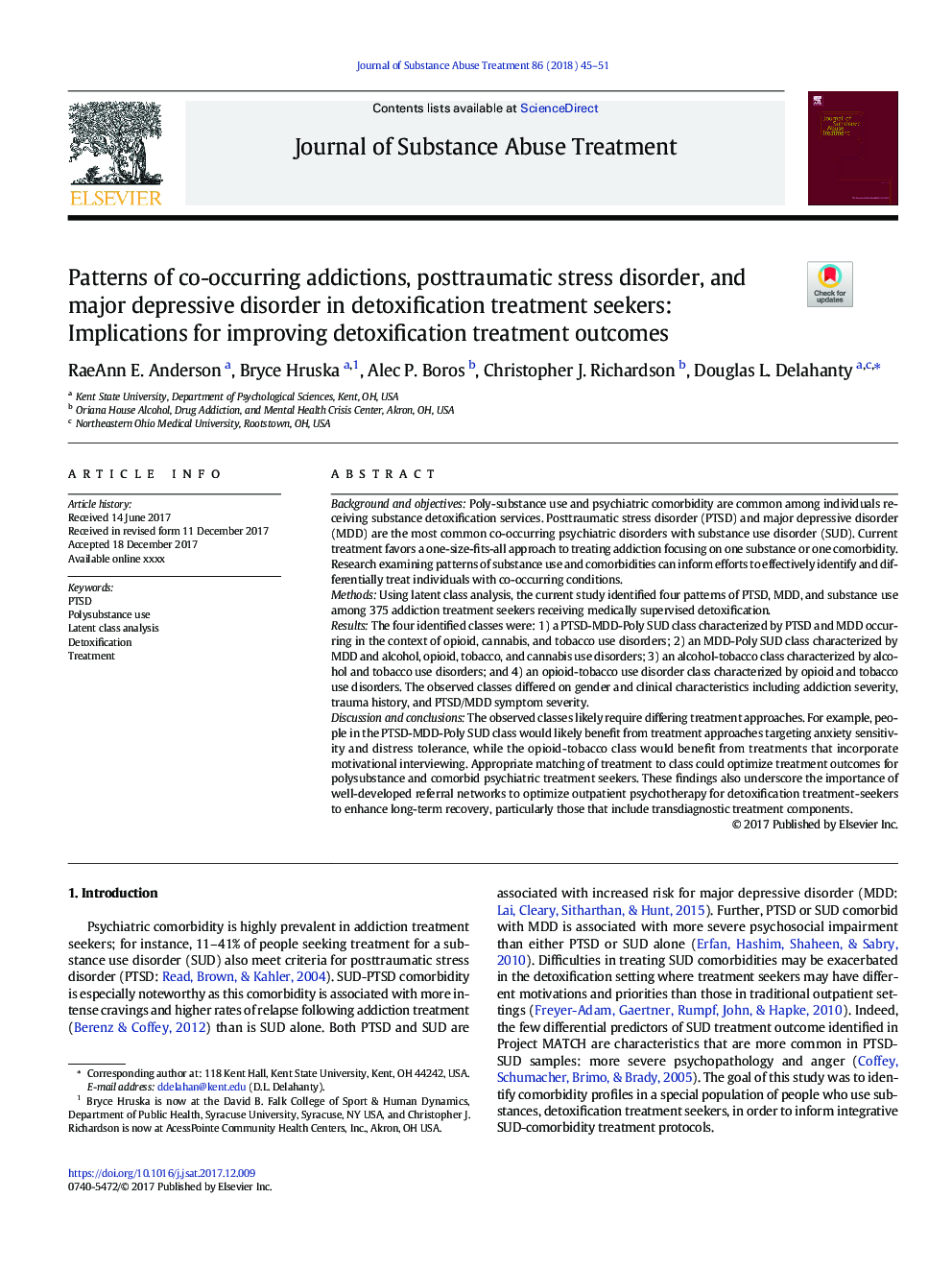 Patterns of co-occurring addictions, posttraumatic stress disorder, and major depressive disorder in detoxification treatment seekers: Implications for improving detoxification treatment outcomes