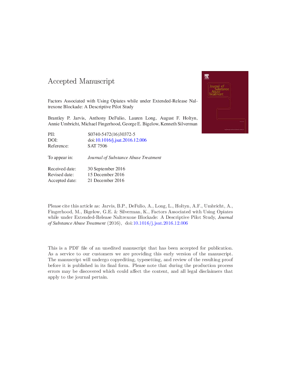 Factors associated with using opiates while under extended-release naltrexone blockade: A descriptive pilot study