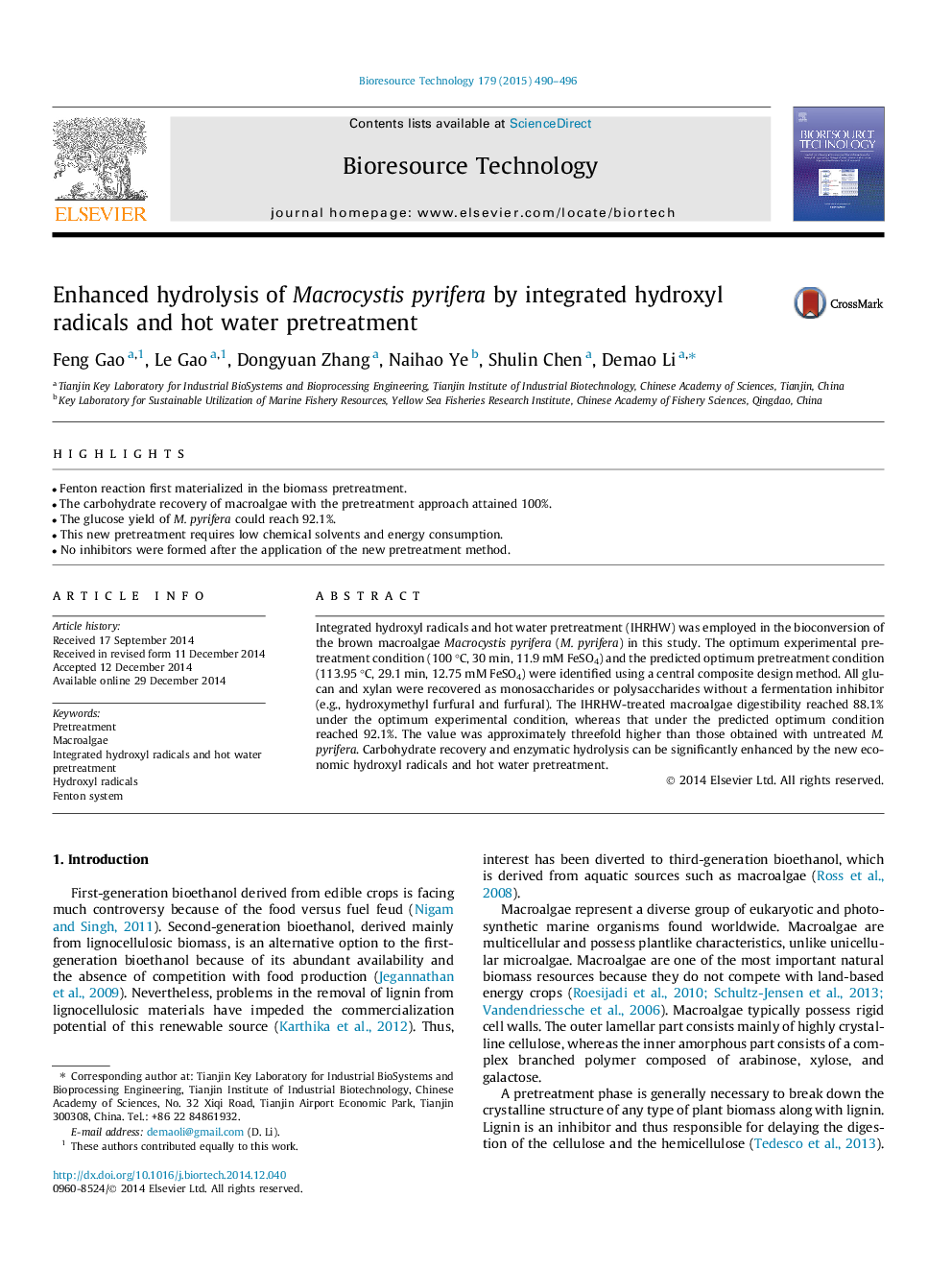 Enhanced hydrolysis of Macrocystis pyrifera by integrated hydroxyl radicals and hot water pretreatment