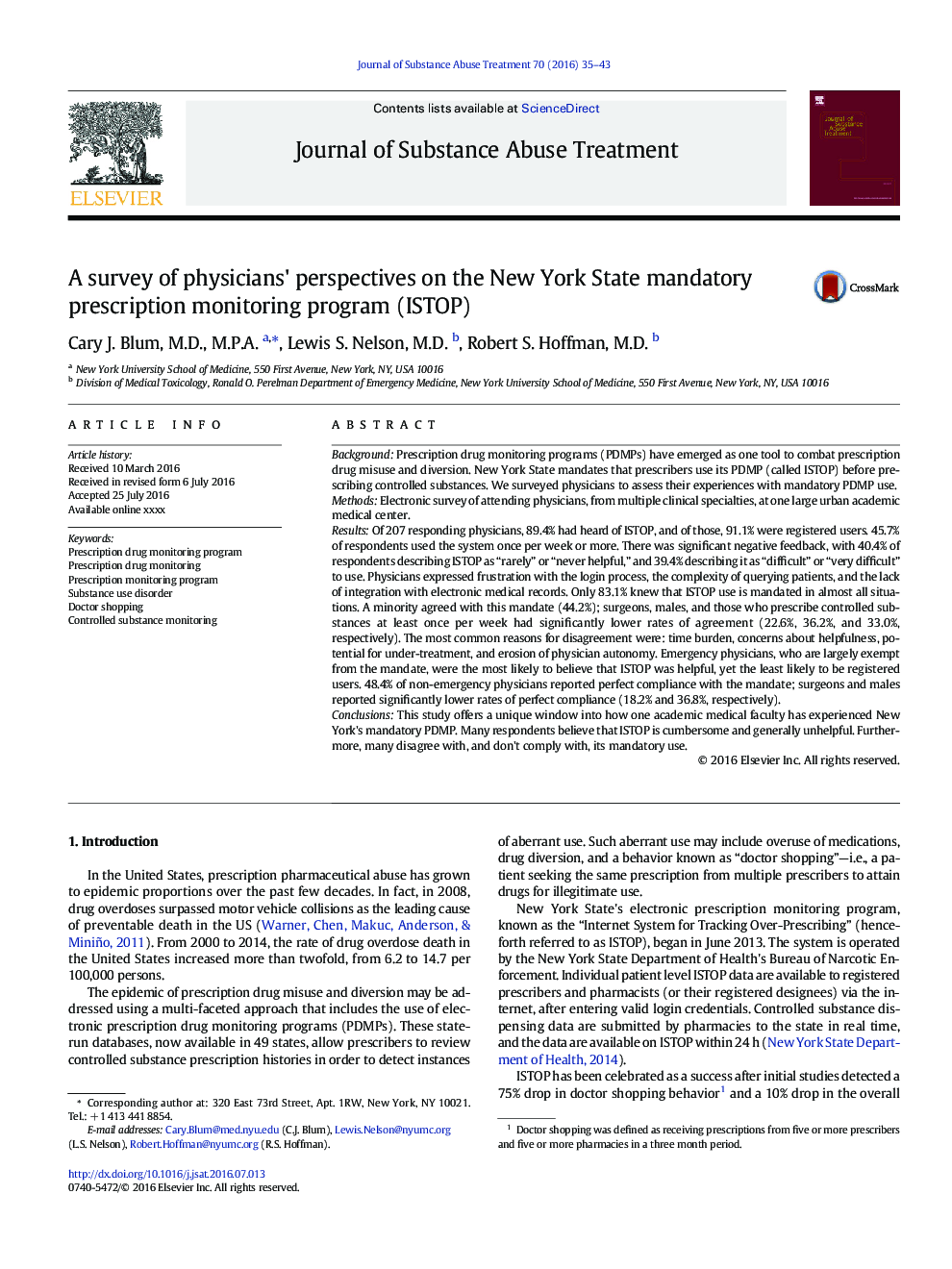 A survey of Physicians' Perspectives on the New York State Mandatory Prescription Monitoring Program (ISTOP)