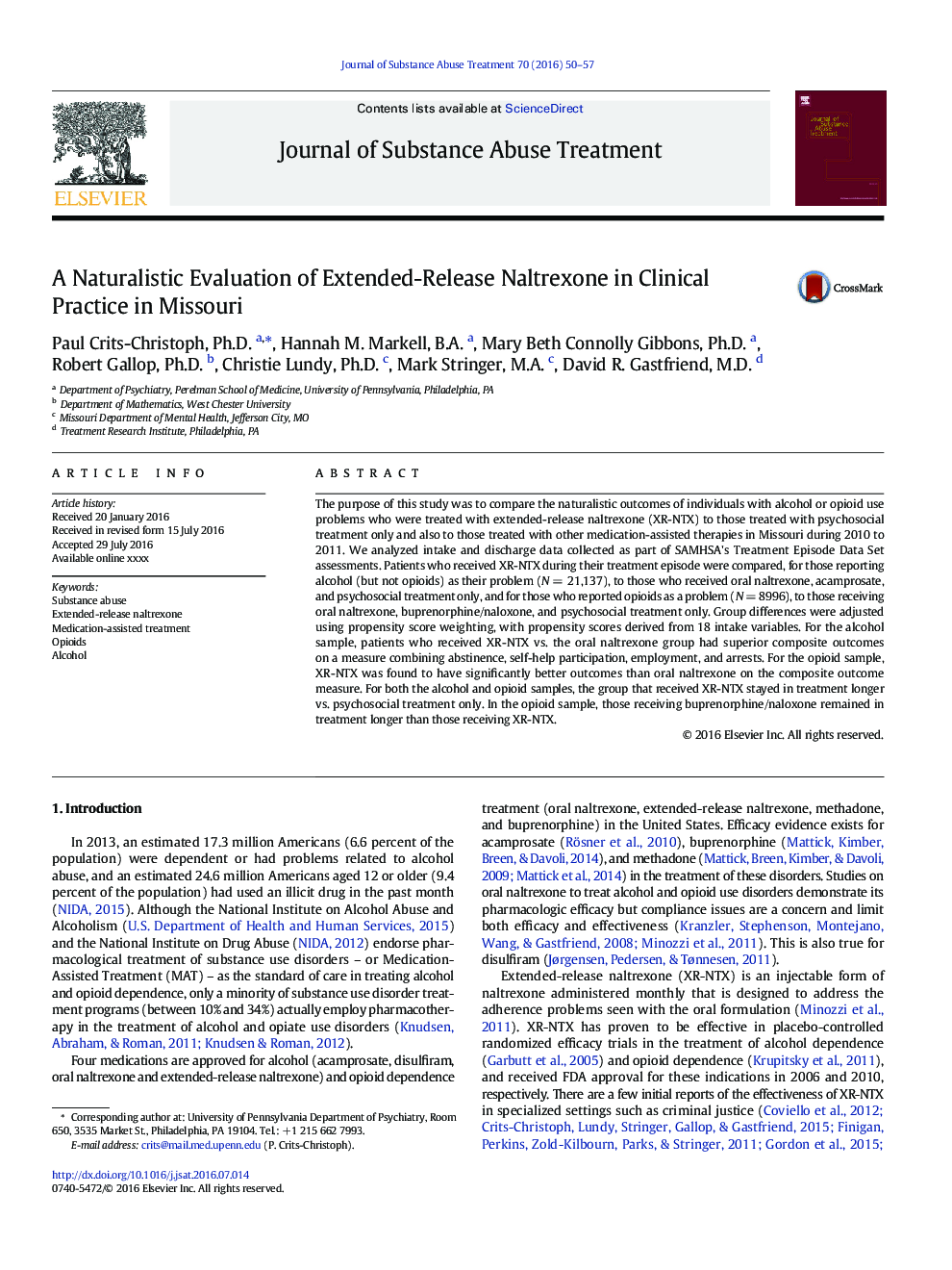A Naturalistic Evaluation of Extended-Release Naltrexone in Clinical Practice in Missouri