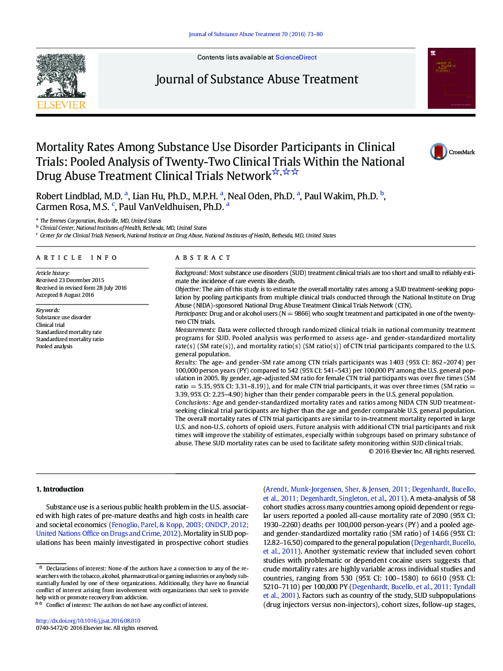 Mortality Rates Among Substance Use Disorder Participants in Clinical Trials: Pooled Analysis of Twenty-Two Clinical Trials Within the National Drug Abuse Treatment Clinical Trials Network