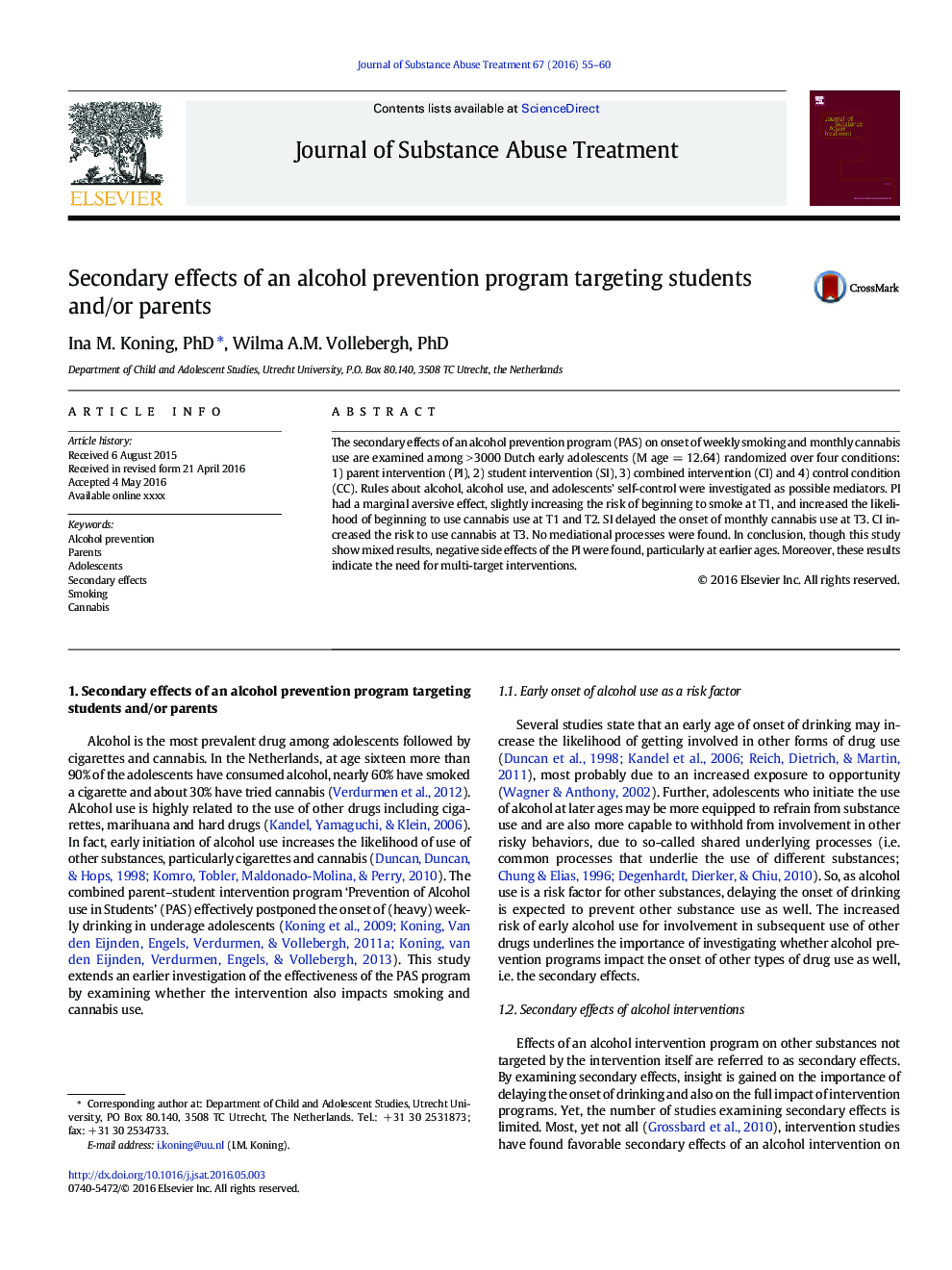 Secondary Effects of an Alcohol Prevention Program Targeting Students and/or Parents